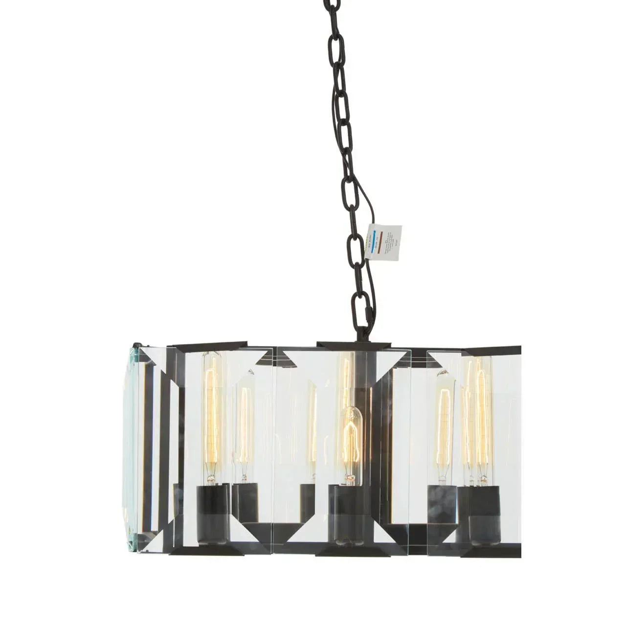 Rectangular glass pendant light with exposed bulbs and black chain hanging fixture
