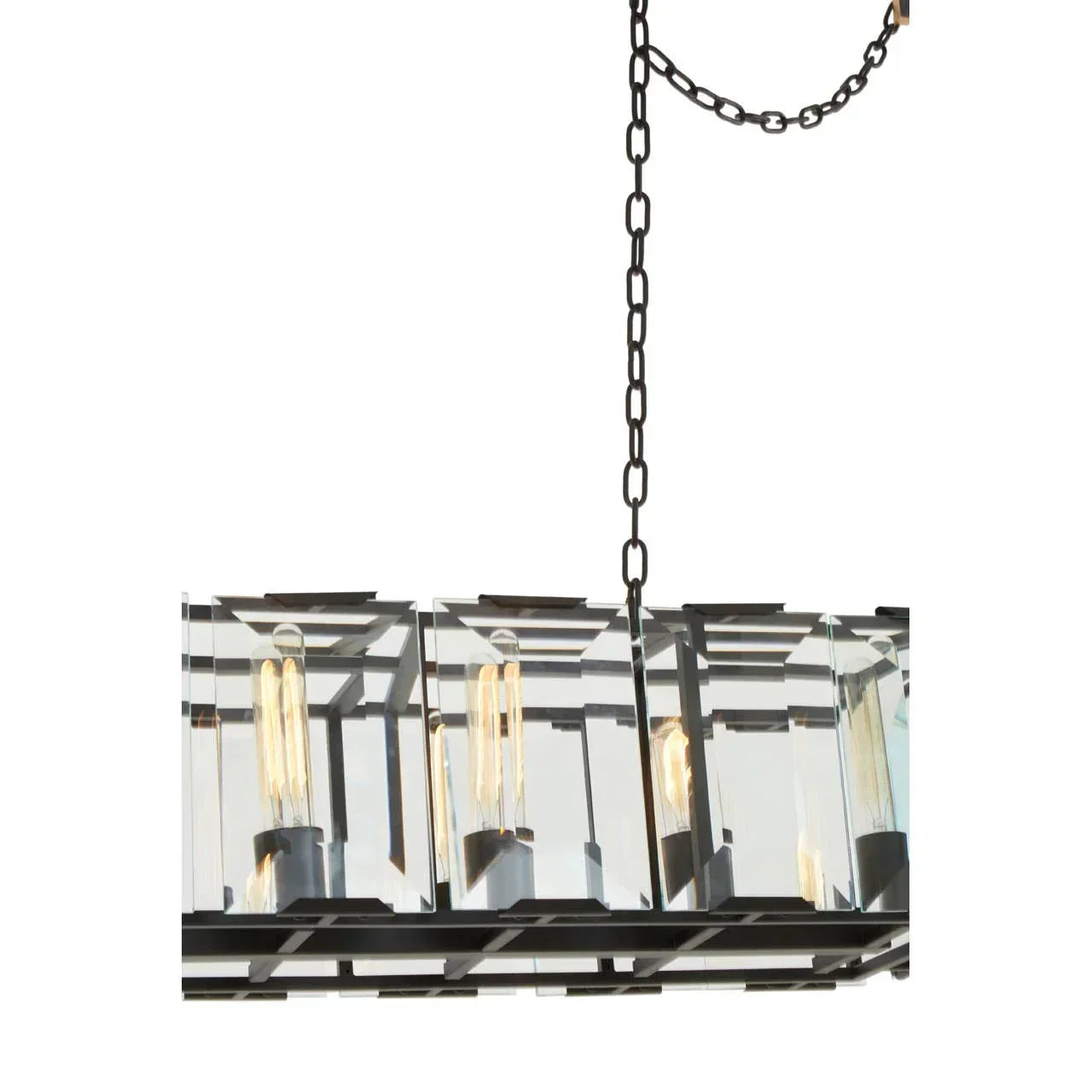 Rectangular glass panel ceiling light with exposed bulbs and black metal frame