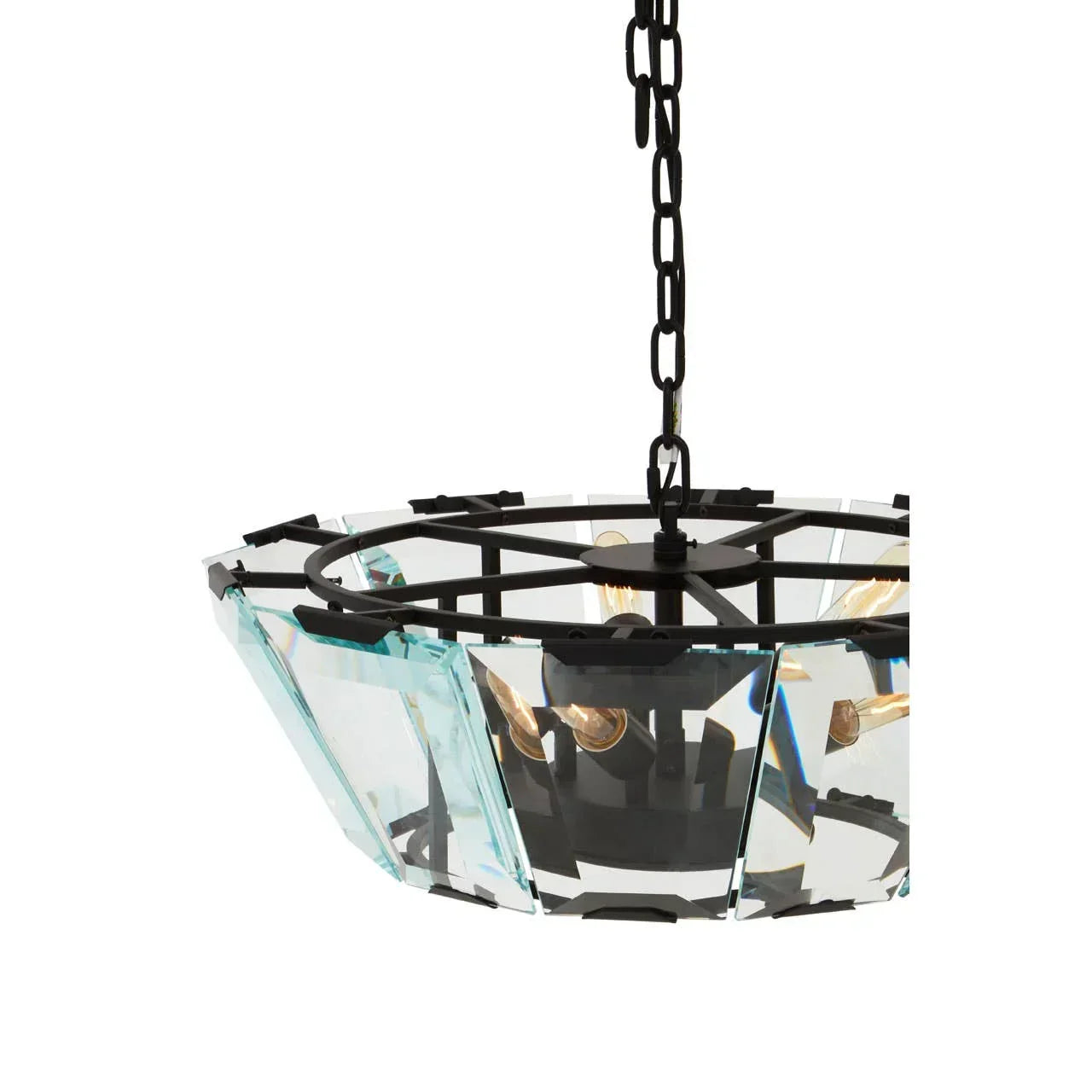 Black metal chandelier with clear glass panels and exposed bulbs, hanging by chain