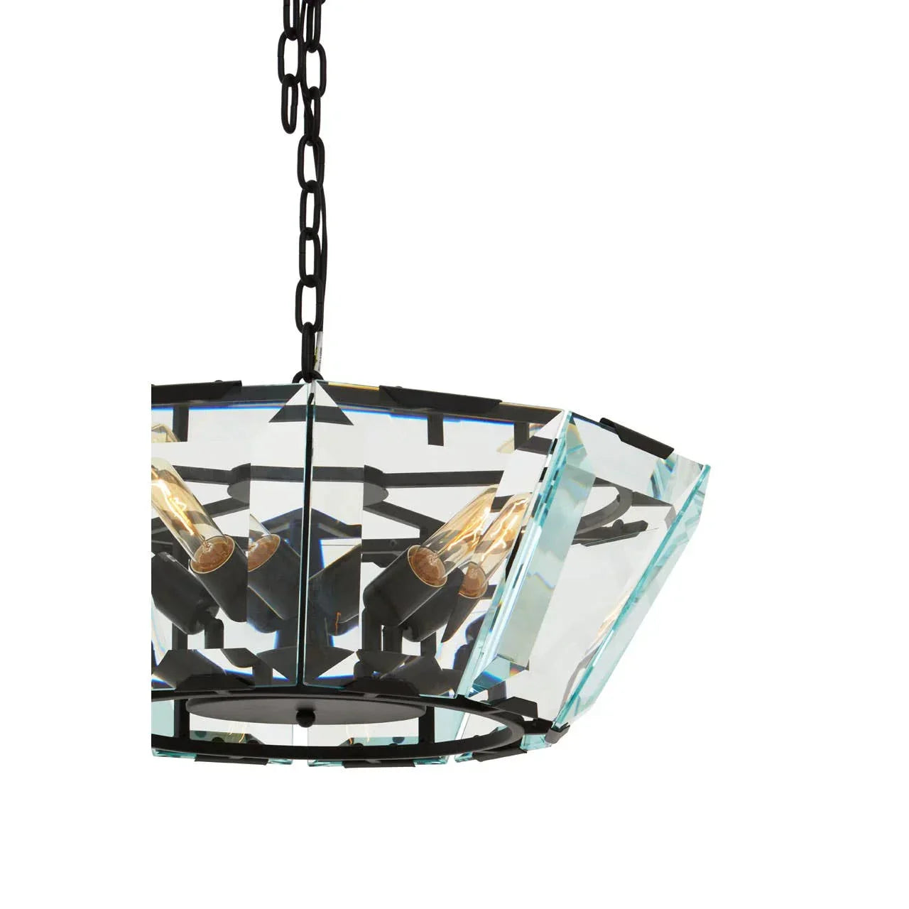 Black metal and glass pendant light with exposed bulbs and prism panels hanging by chain