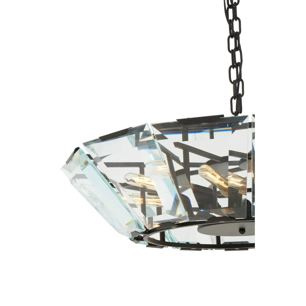 Modern crystal pendant light with black metal frame and clear glass panels