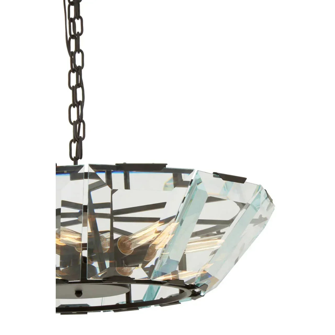 Crystal chandelier with black metal chain and exposed bulbs, angled side view