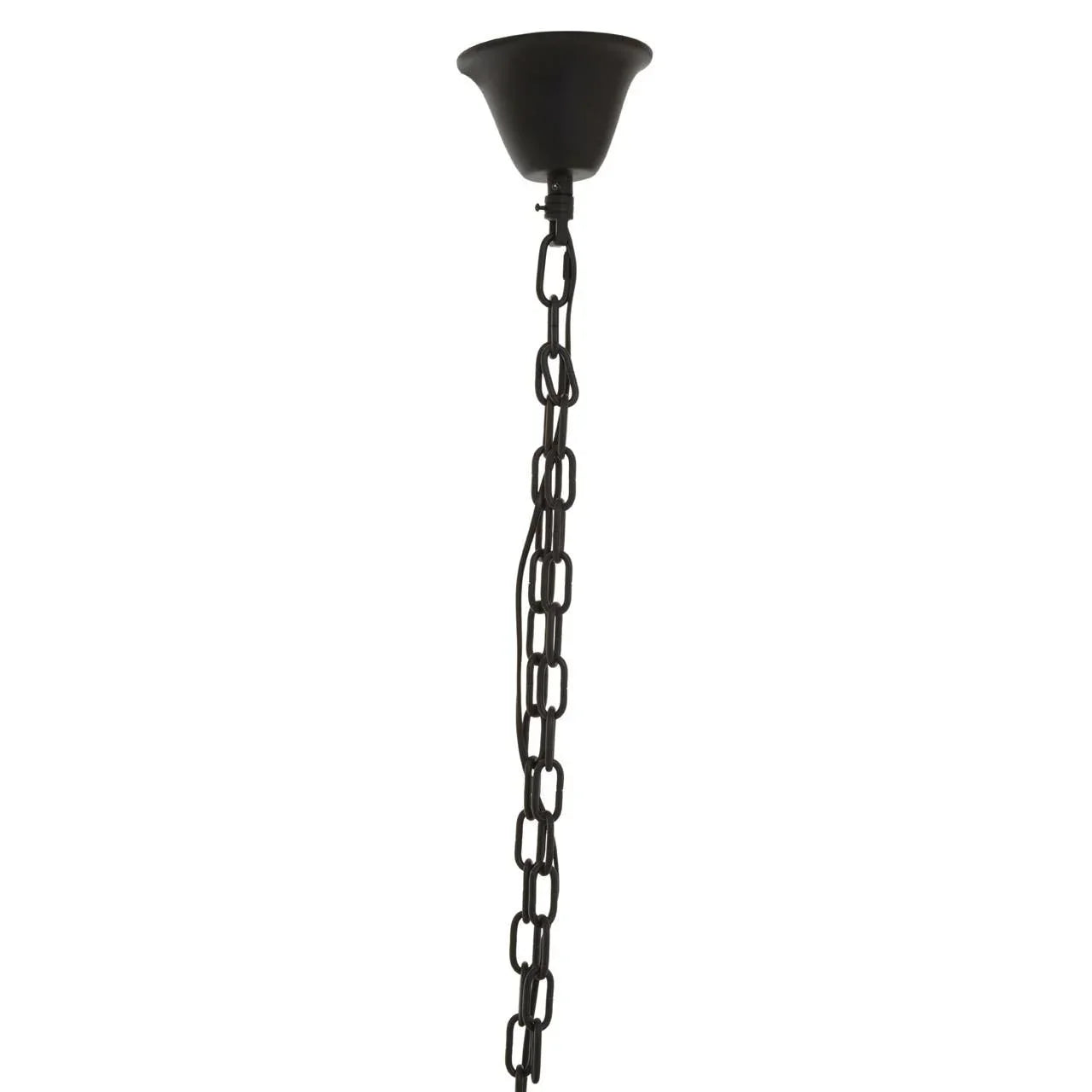 Black metal ceiling light chain with canopy and attached cord hanging vertically