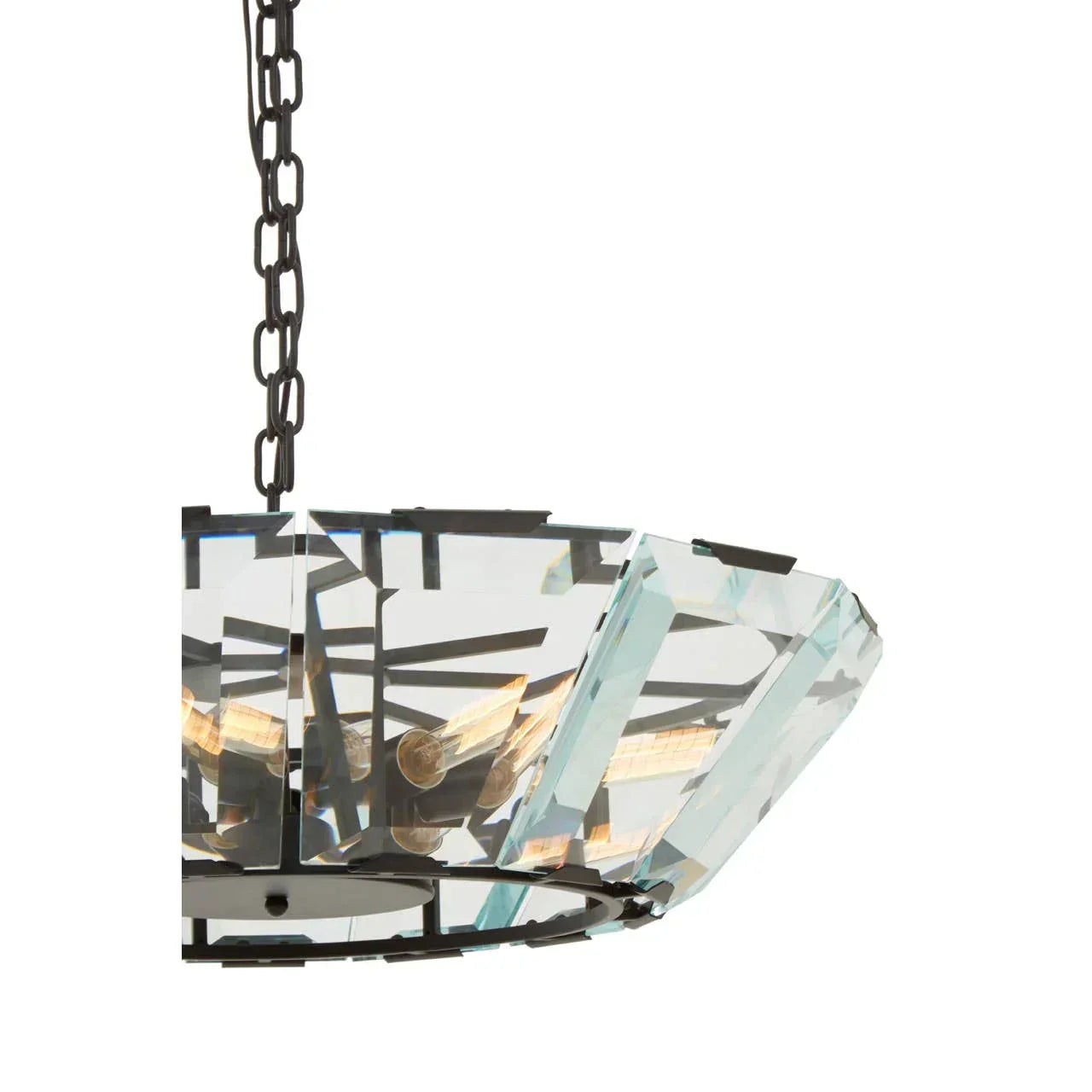 Modern glass chandelier with black metal frame and exposed bulbs, hanging on a chain