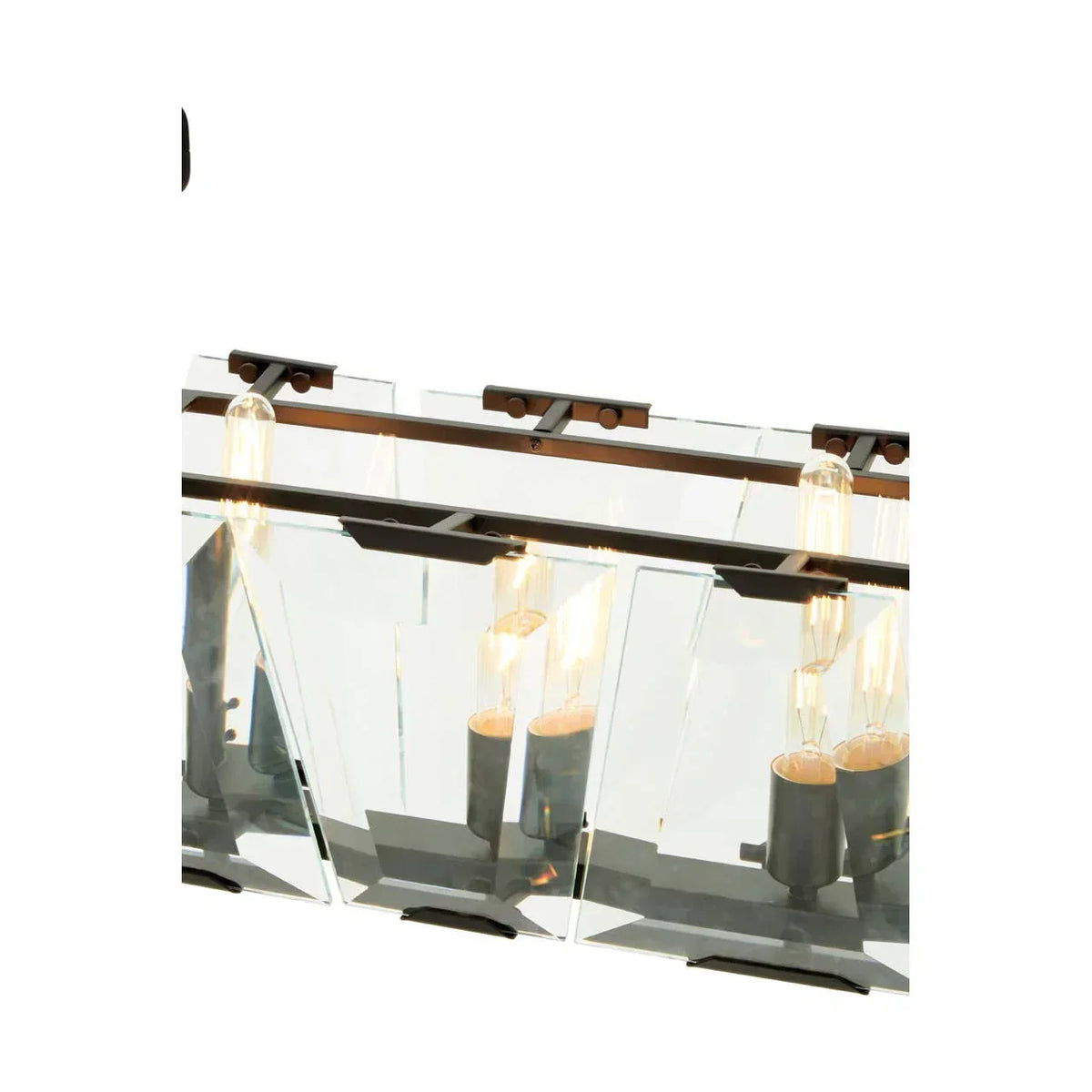 Glass panel ceiling light fixture with exposed bulbs and metal frame