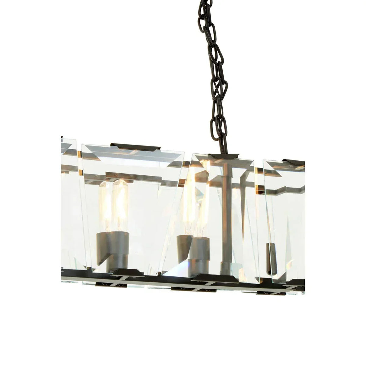 Rectangular crystal pendant light with black metal chain and exposed bulbs