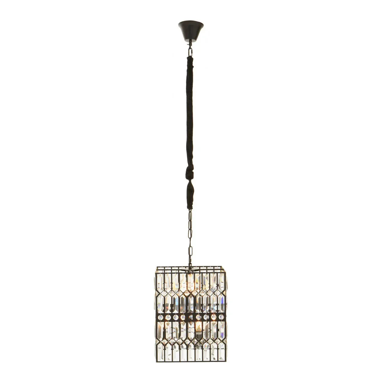 Rectangular crystal pendant light with metal frame and black ceiling chain