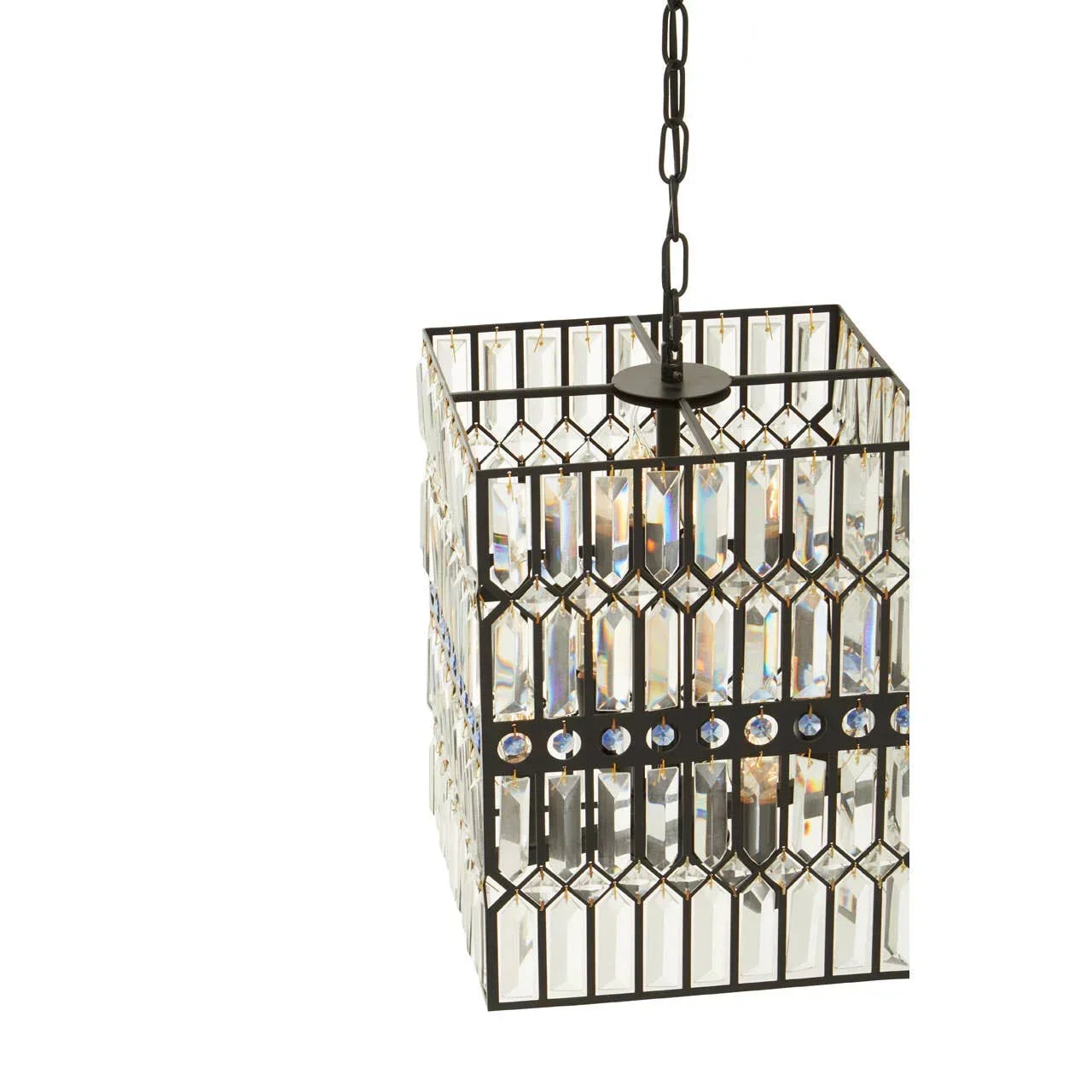 Crystal pendant light with geometric metal frame and hanging chain
