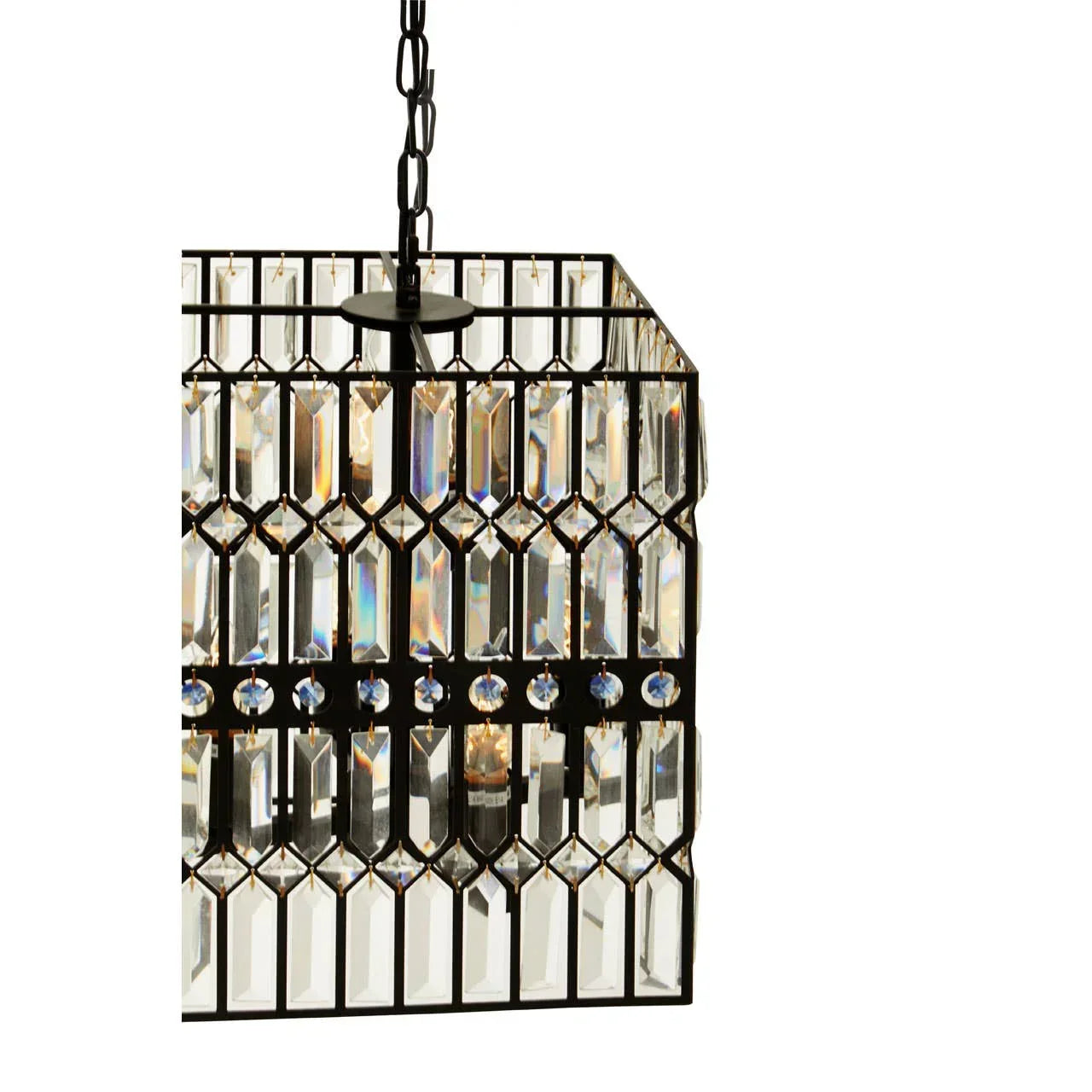 Modern crystal pendant light with rectangular black frame and clear prism glass panels