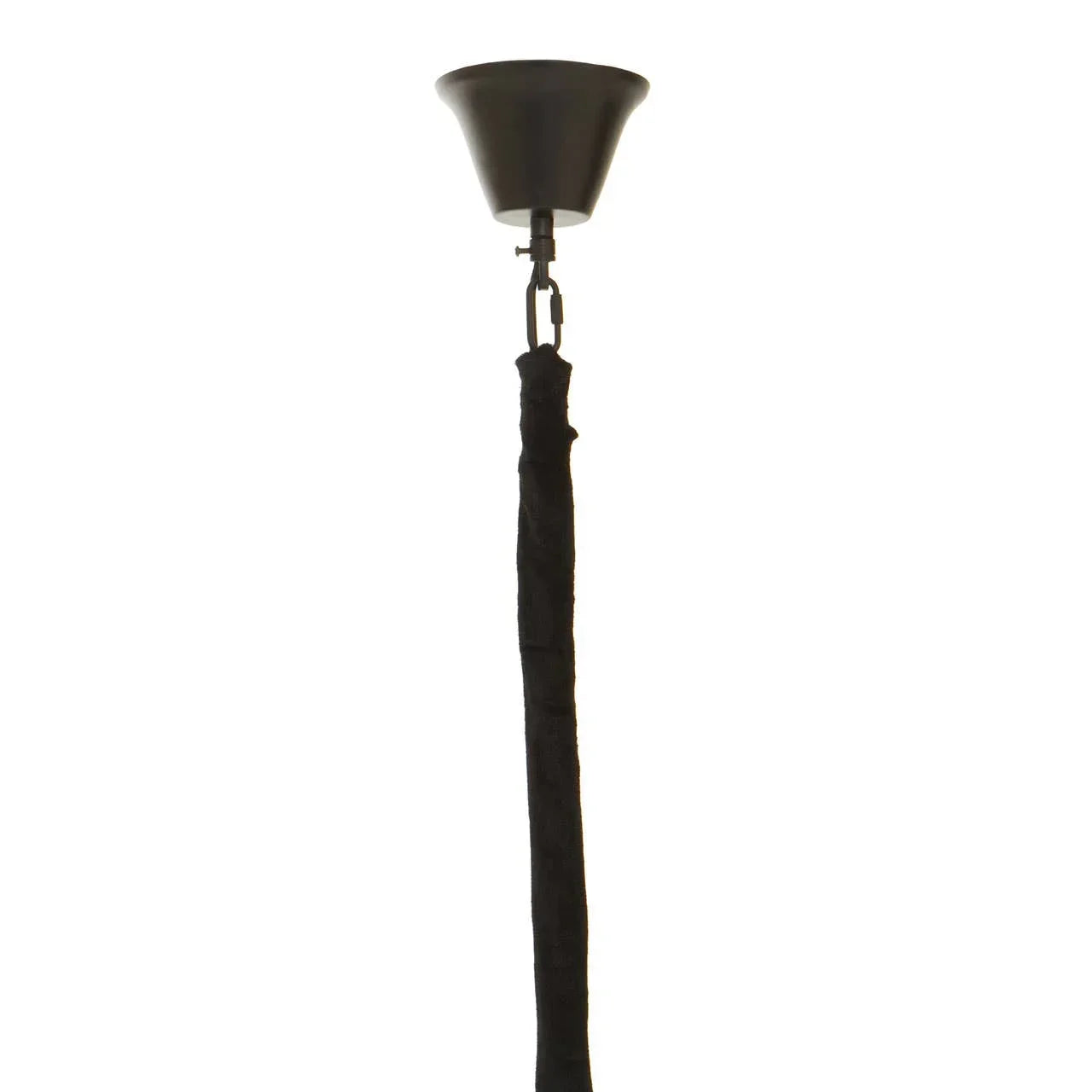 Black ceiling pendant light cord cover and ceiling rose, close up