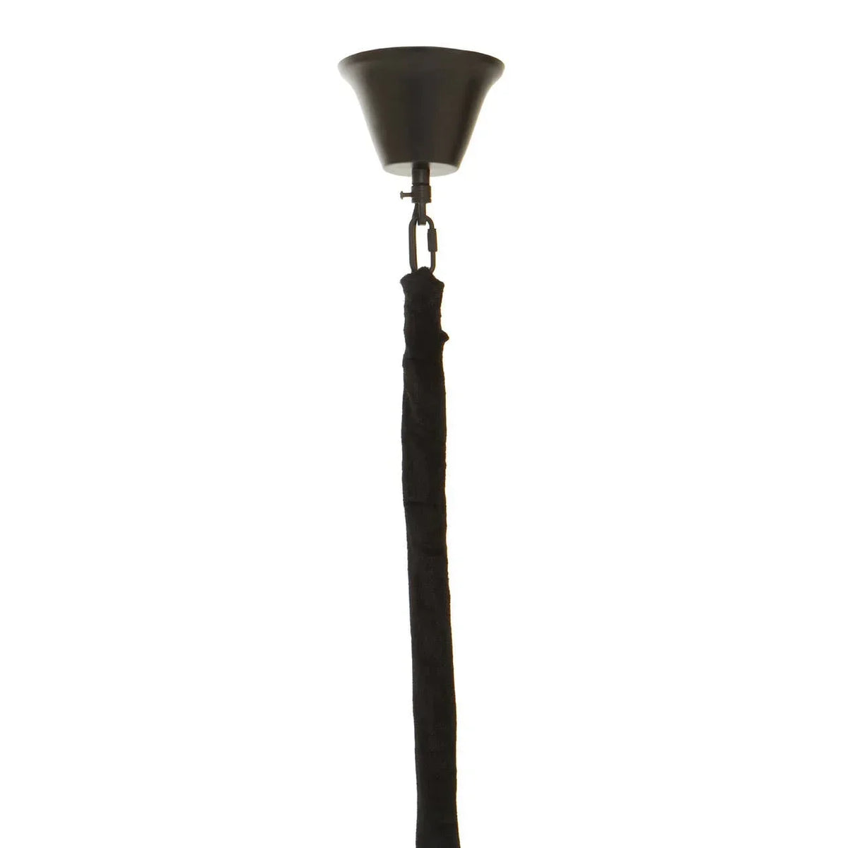 Black ceiling pendant light cord cover and ceiling rose, close up