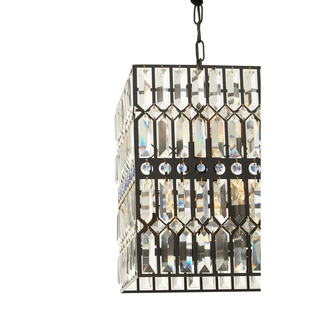 Rectangular crystal pendant light with black metal frame and hanging chain