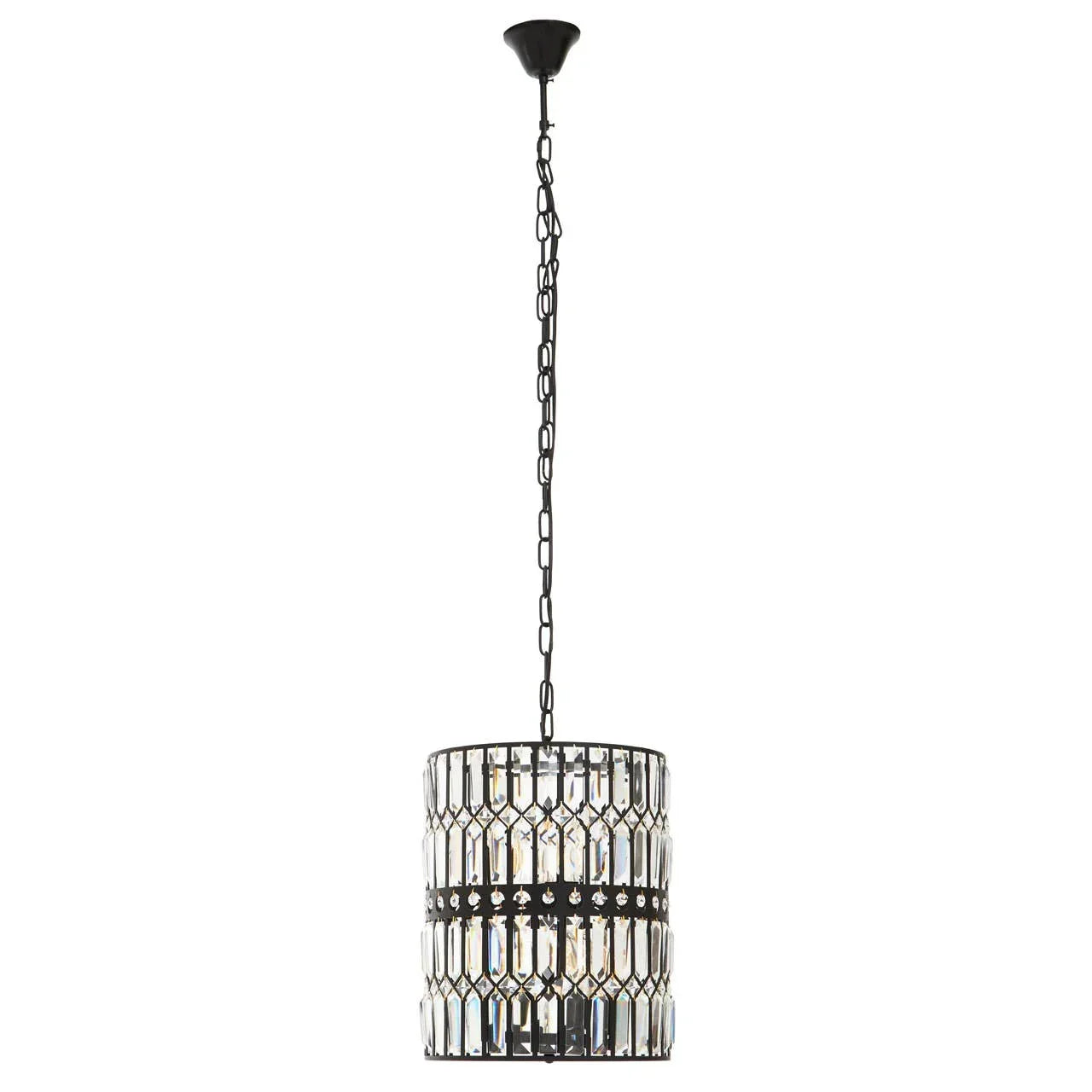 Black hanging crystal pendant light with cylindrical shade and metal chain