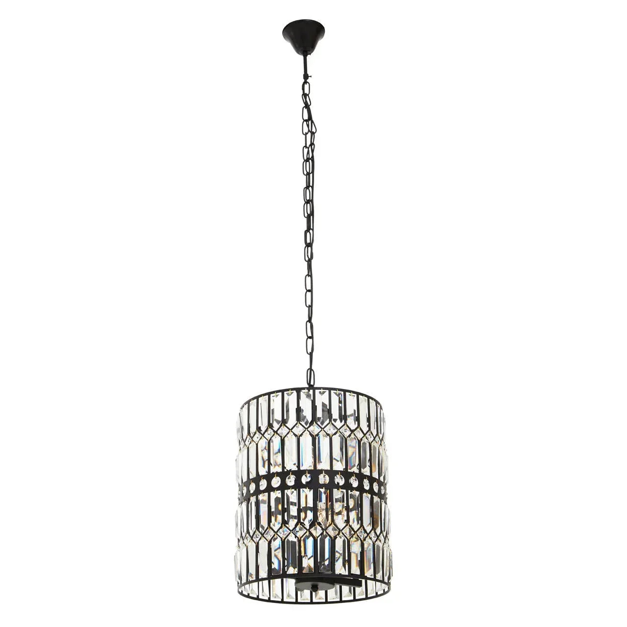 Crystal pendant ceiling light with black metal frame and clear glass accents on chain