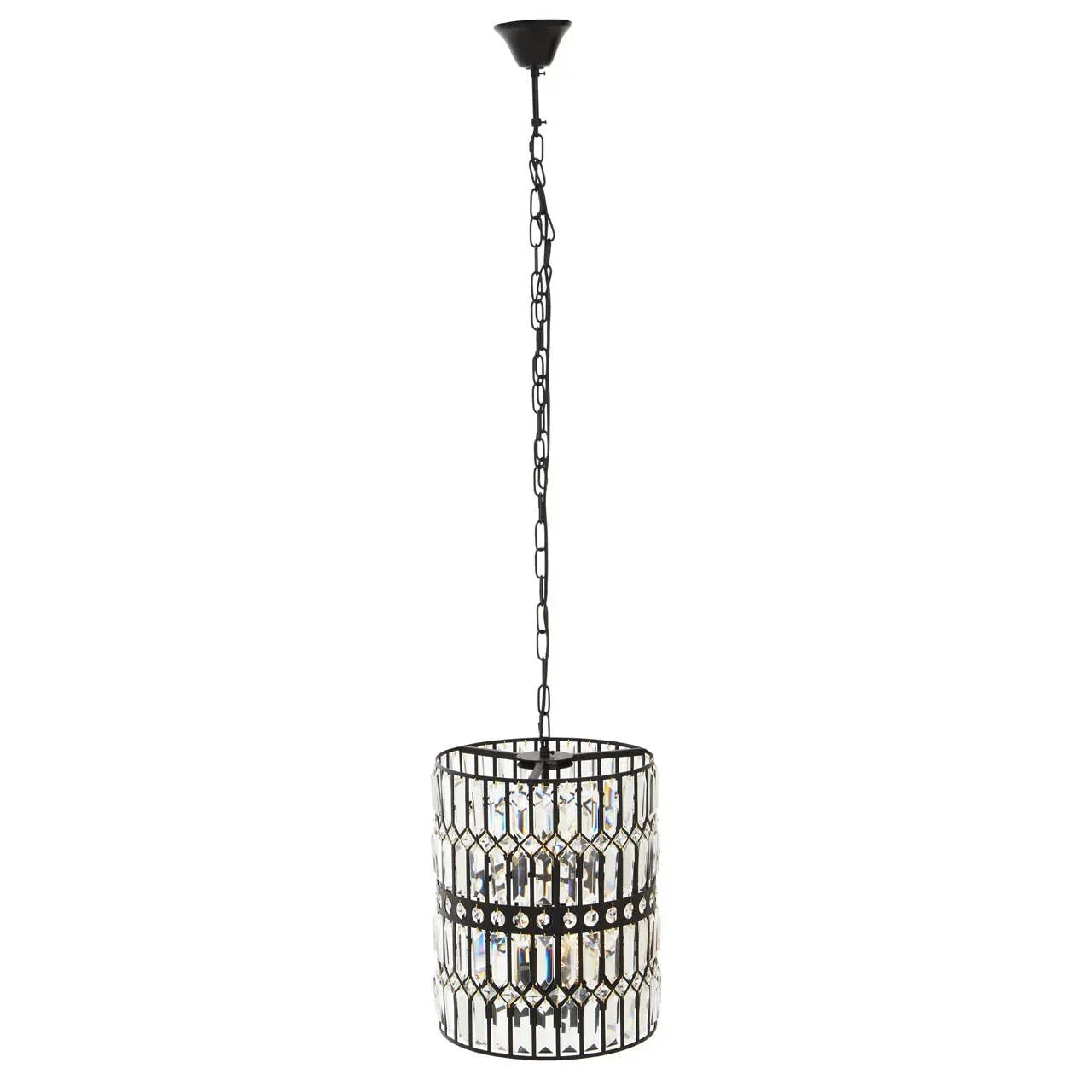 Crystal pendant light with black metal frame and chain suspension