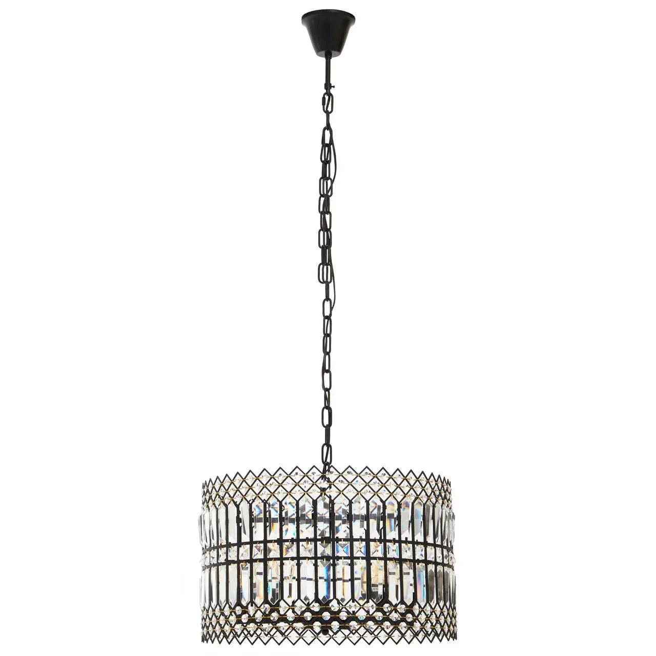 Black metal and crystal pendant ceiling light with geometric lattice design