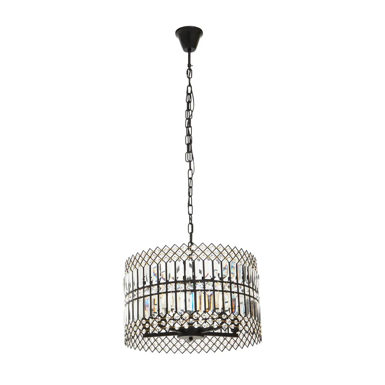 Black metal and crystal pendant ceiling light with chain and lattice detail