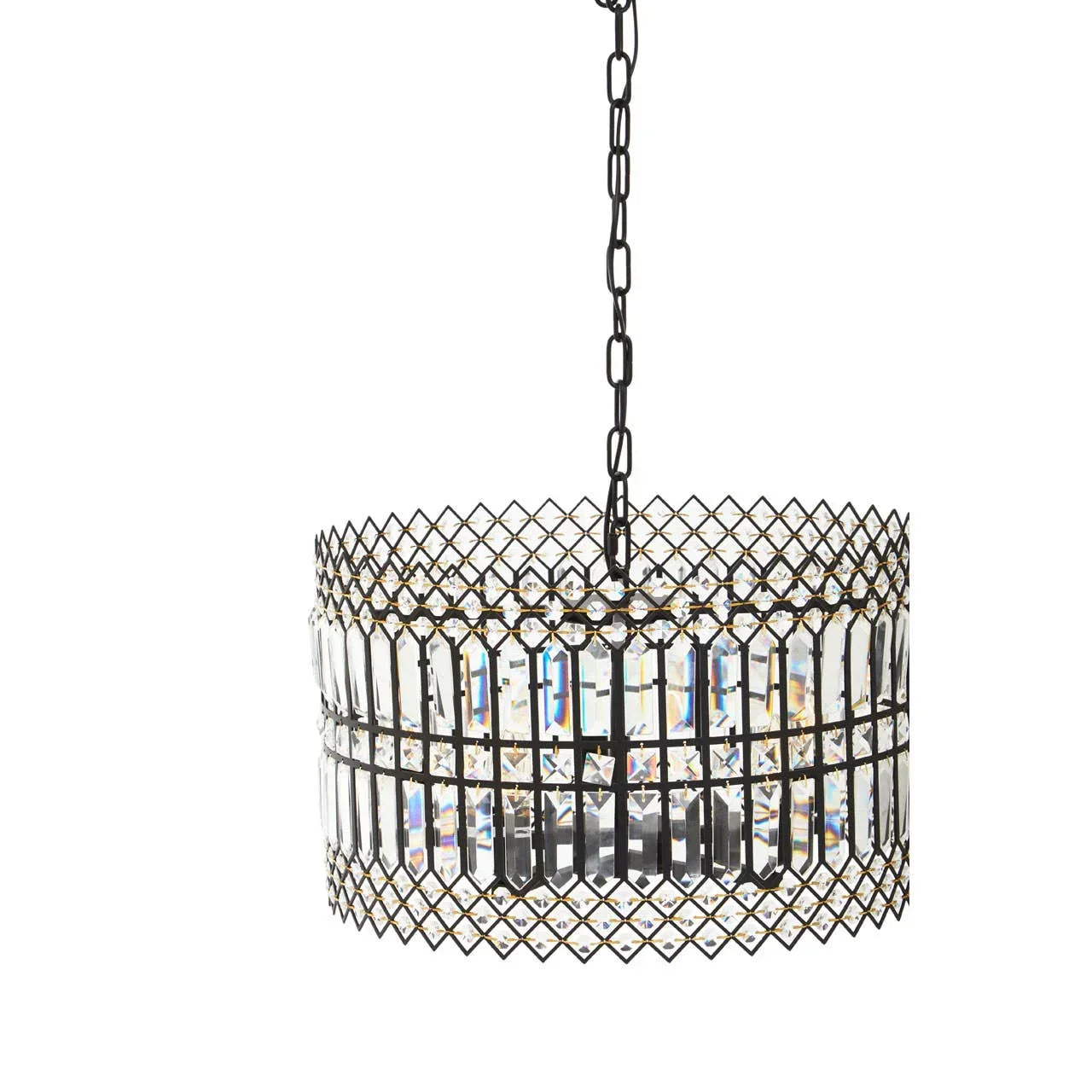 Round crystal pendant light with black metal grid frame and chain for ceiling hanging