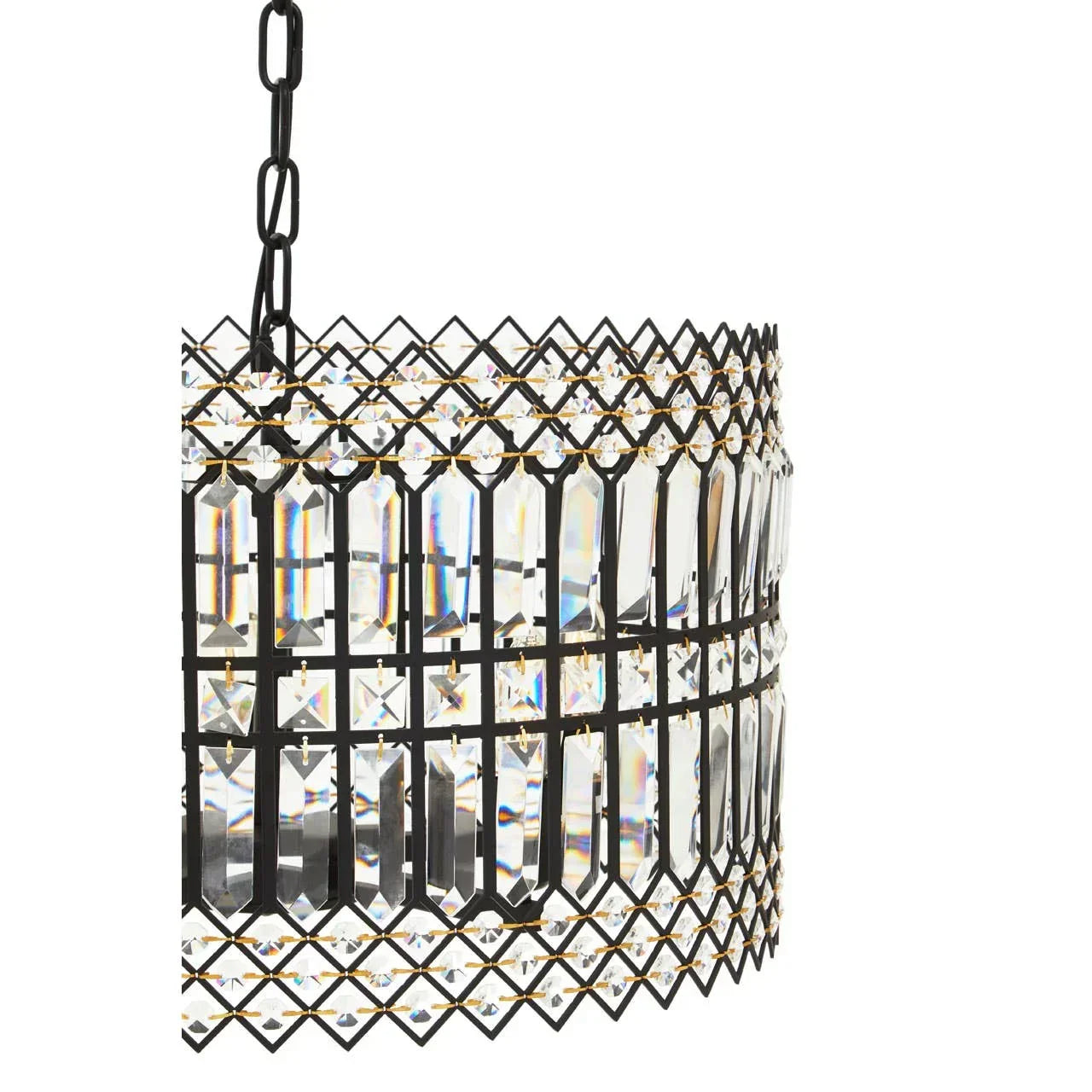 Crystal chandelier with black metal frame and geometric design, close-up side view