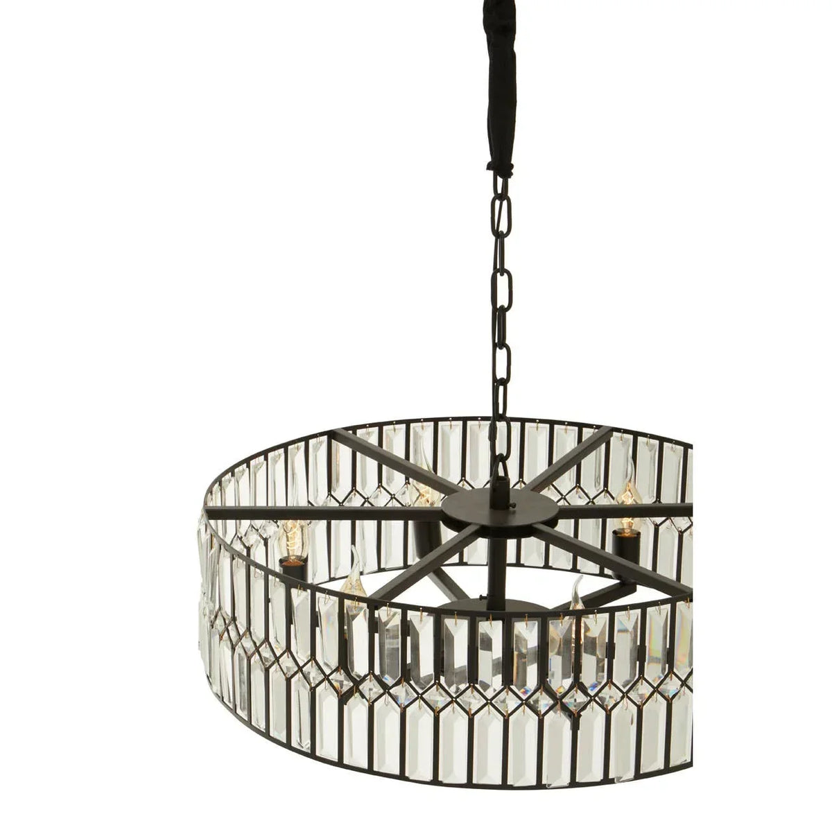 Crystal drum pendant light with black metal frame and chain hanging against white background