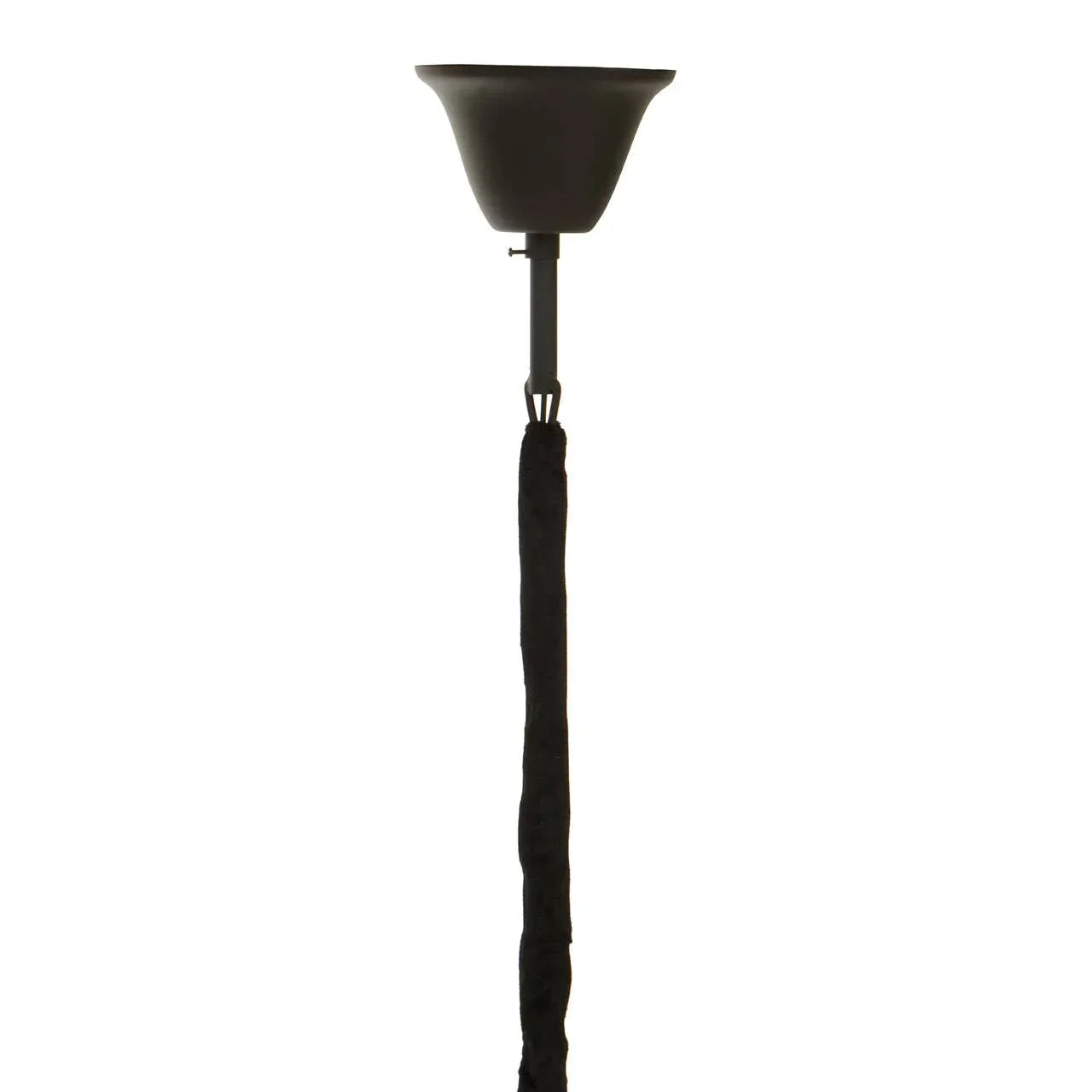 Black pendant light fixture with fabric-covered cord and metal ceiling rose