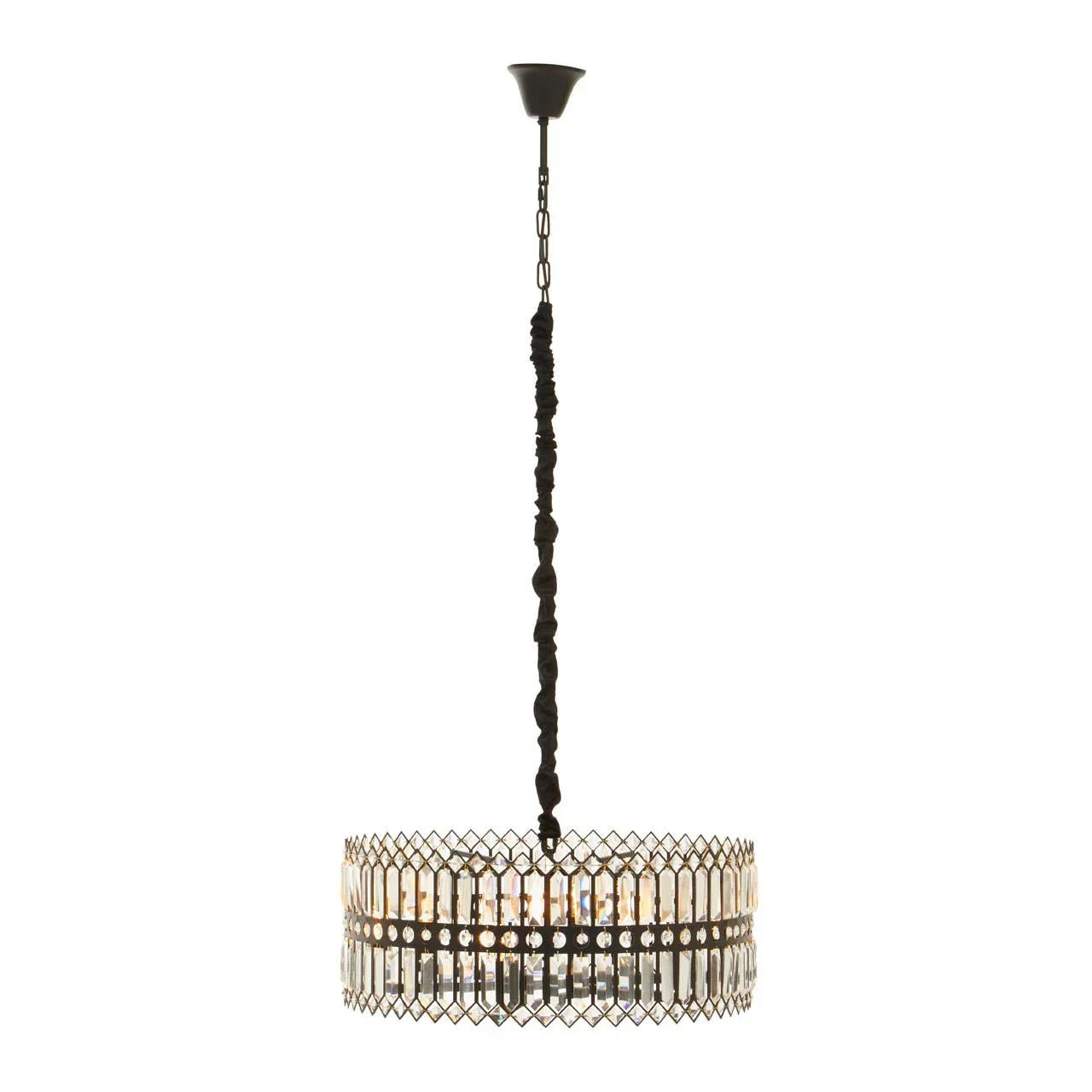 Round crystal chandelier with black metal frame and chain suspended from ceiling