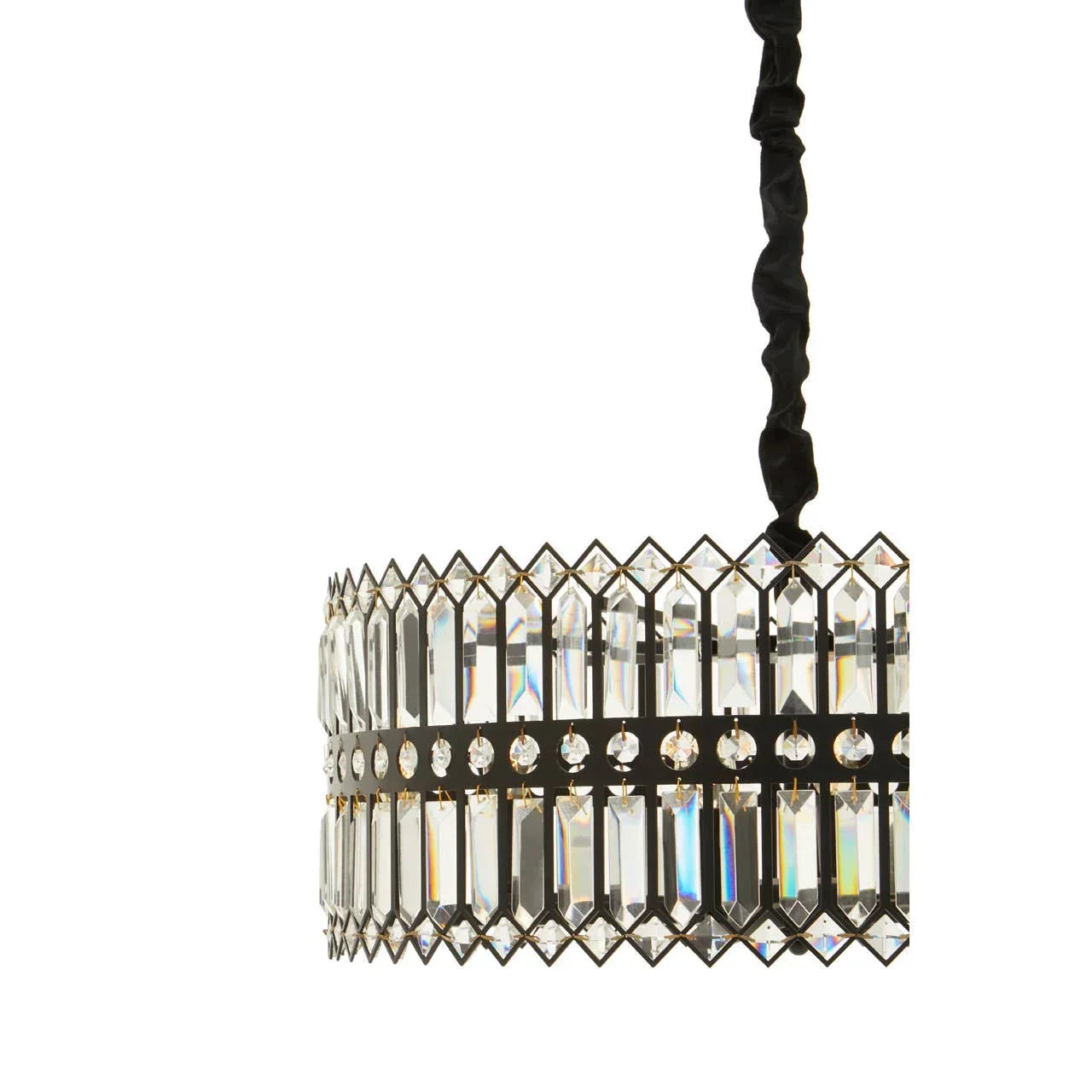 Crystal pendant light with black metal frame and geometric design, close up side view