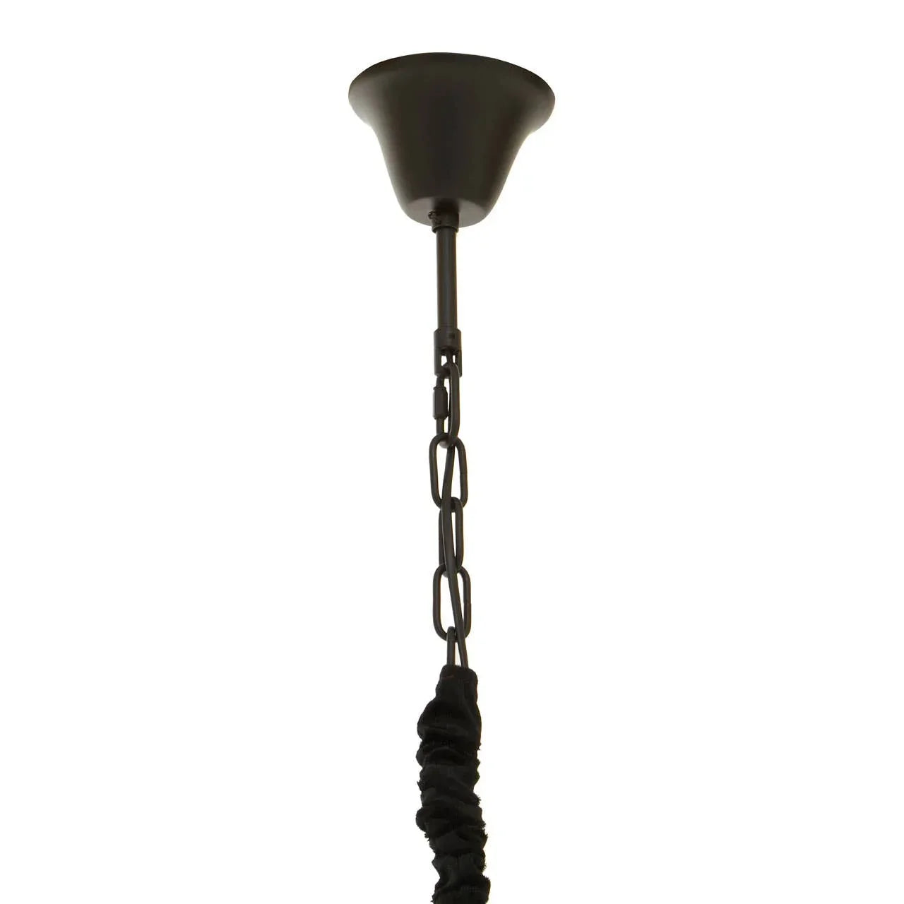 Black ceiling light fitting with chain suspension and fabric-wrapped cable detail