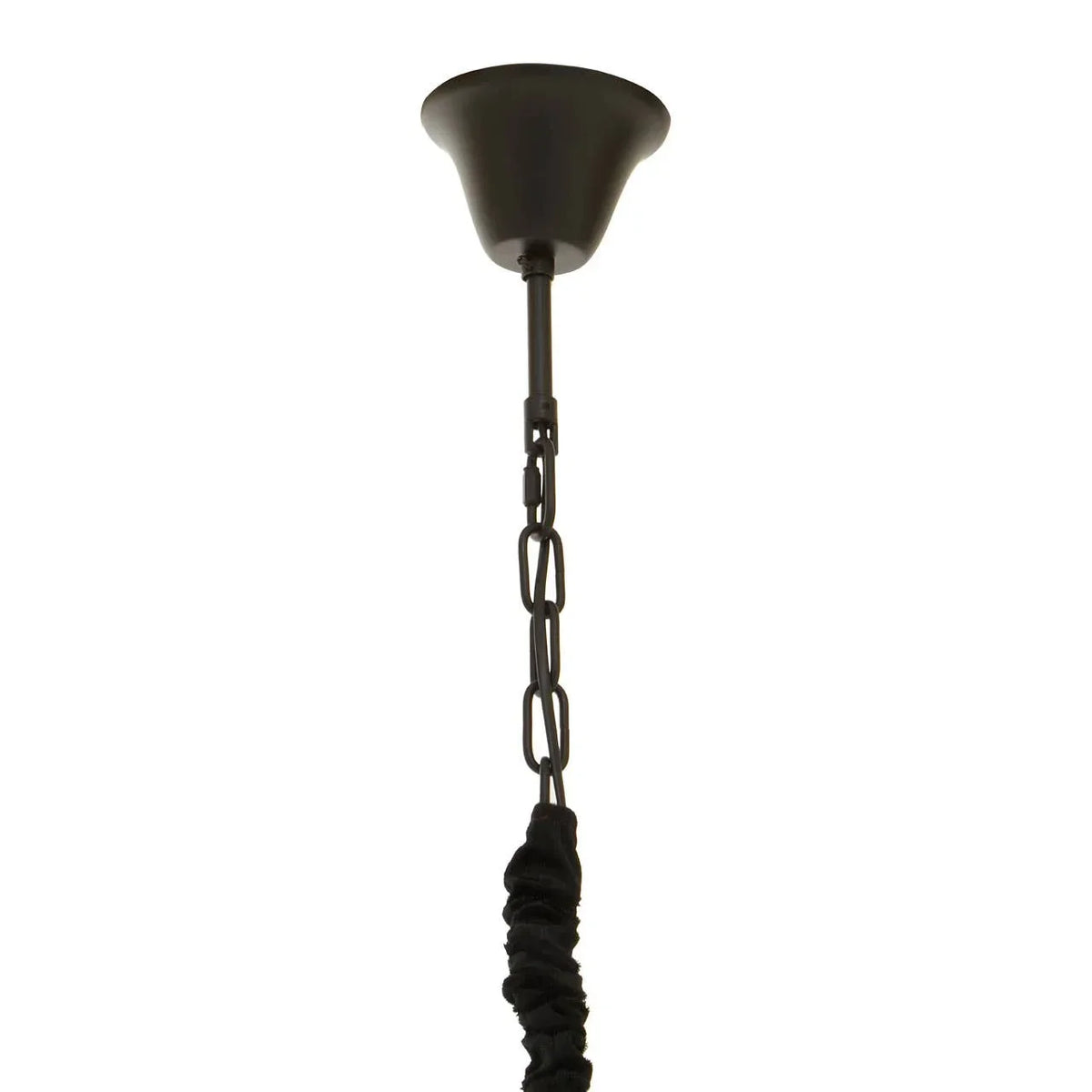 Black ceiling light fitting with chain suspension and fabric-wrapped cable detail