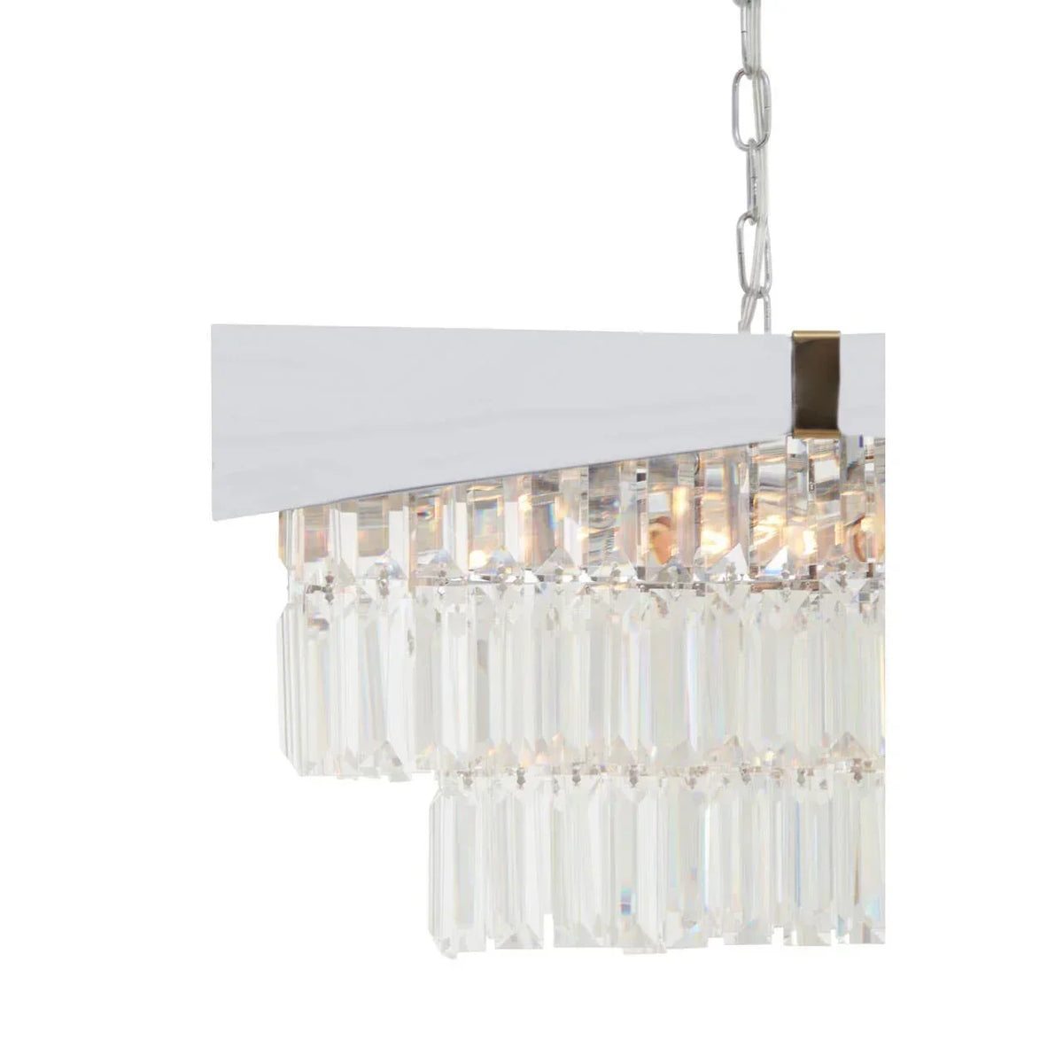 Rectangular crystal chandelier with tiered glass prisms and chrome finish, view from side