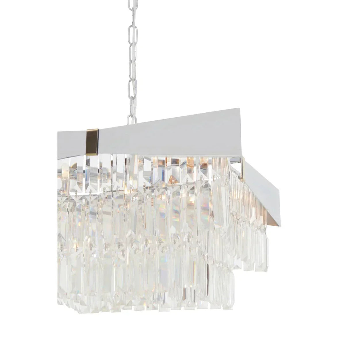 Modern crystal chandelier with cascading glass prisms and metal frame, close-up view