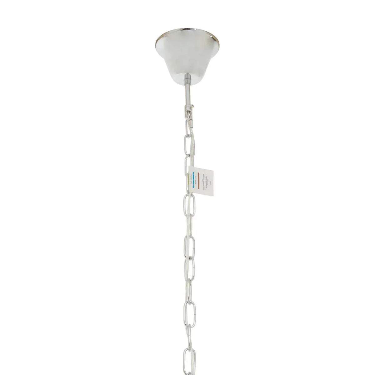 Chrome ceiling light fitting with chain suspension and attached product tag