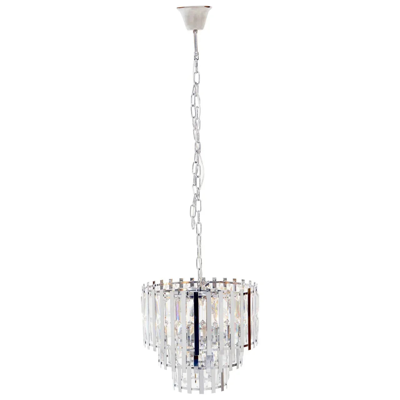 Modern crystal chandelier with chrome chain and tiered glass rods