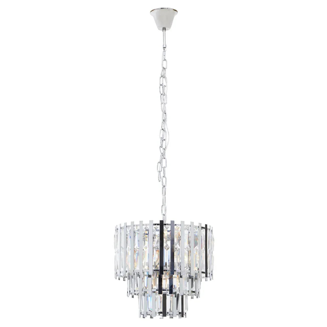 Modern crystal chandelier with chrome finish and tiered glass prisms hanging from ceiling