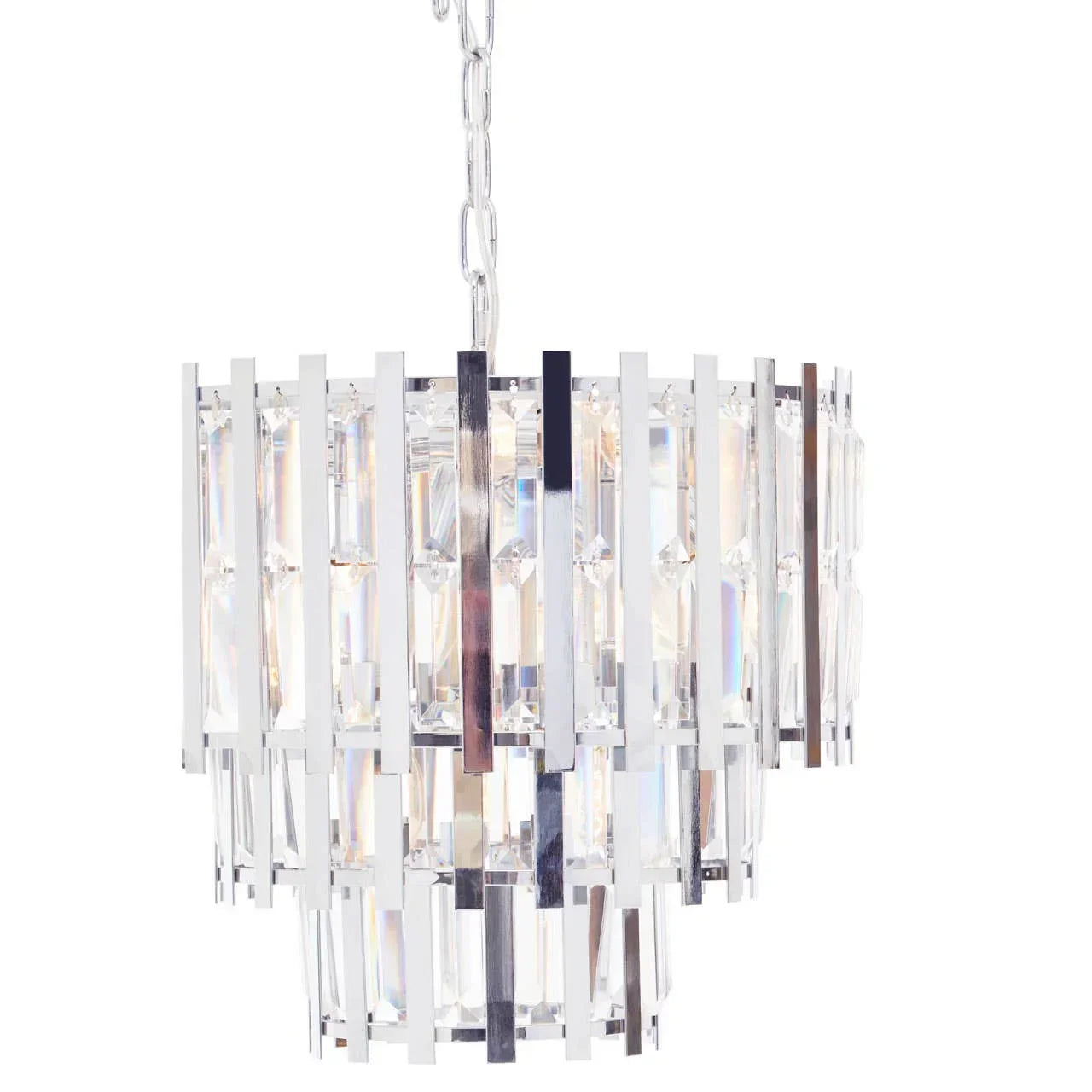 Chrome and crystal pendant ceiling light with vertical glass panels and hanging chain