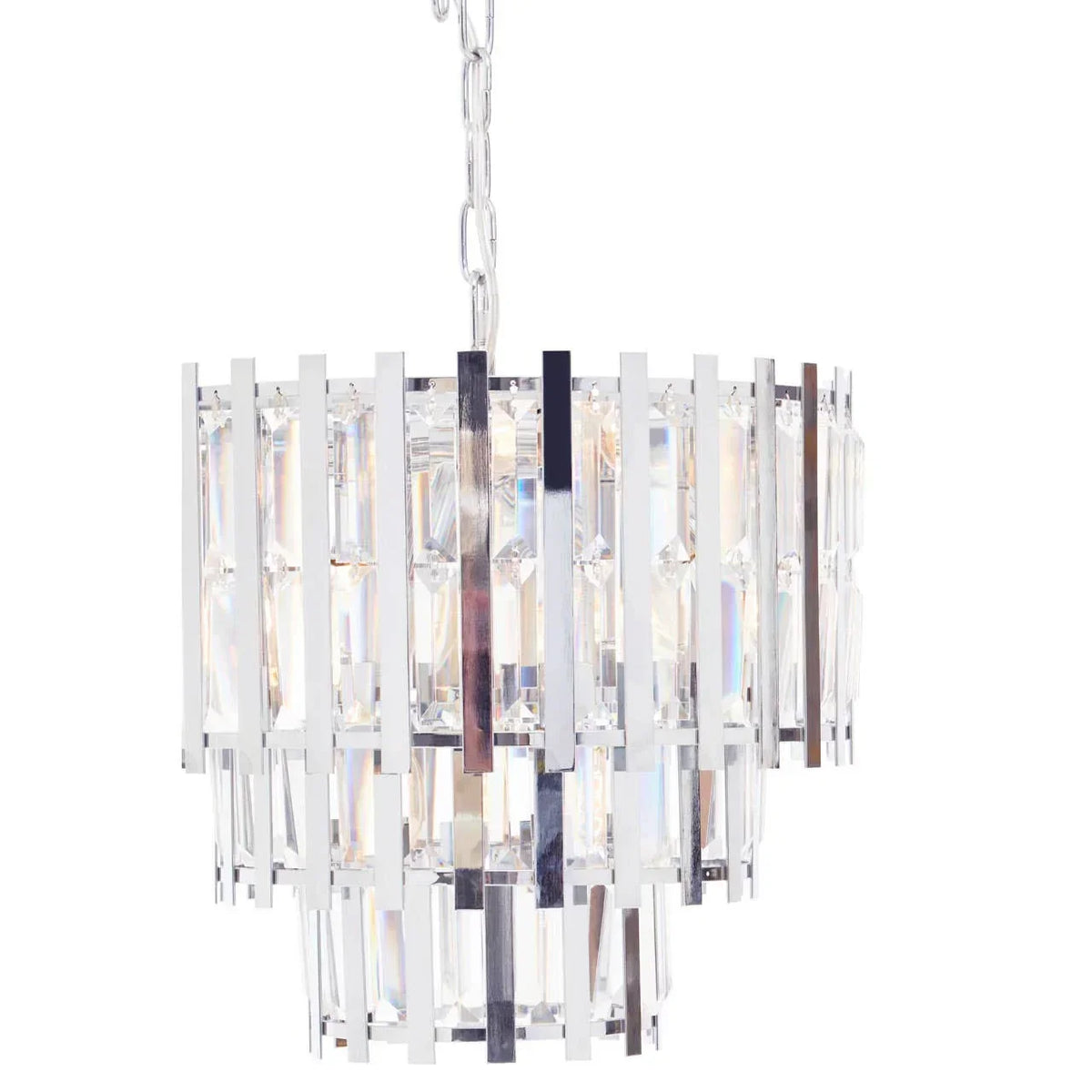Chrome and crystal pendant ceiling light with vertical glass panels and hanging chain