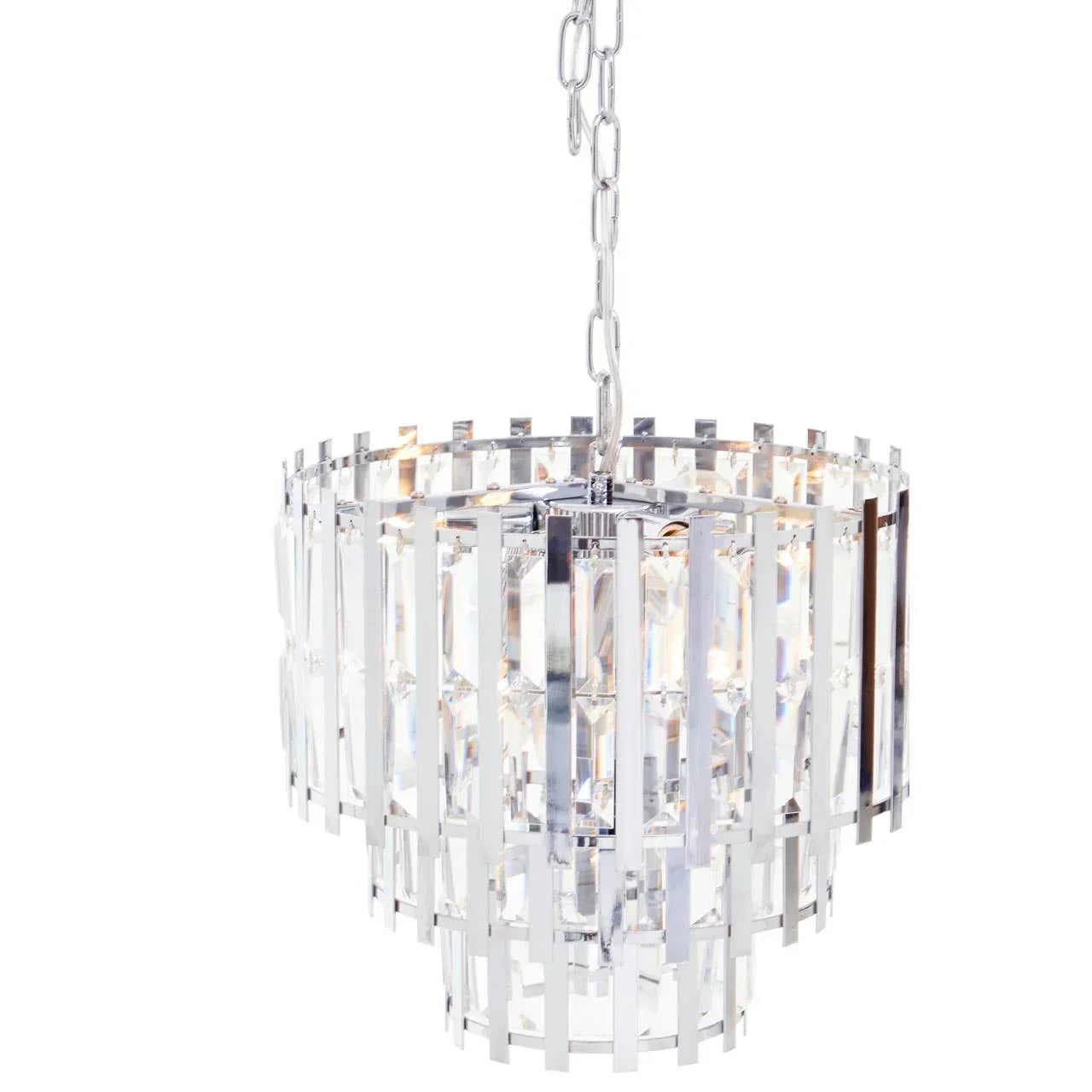 Modern crystal chandelier with chrome frame and tiered clear glass panels