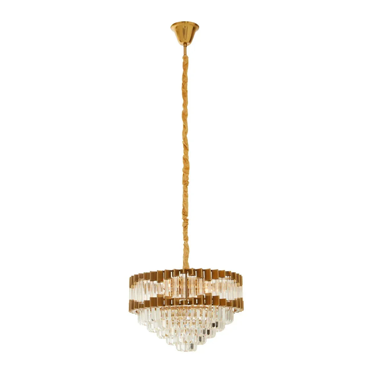 Gold and crystal chandelier pendant light with tiered glass drops and fabric-wrapped chain