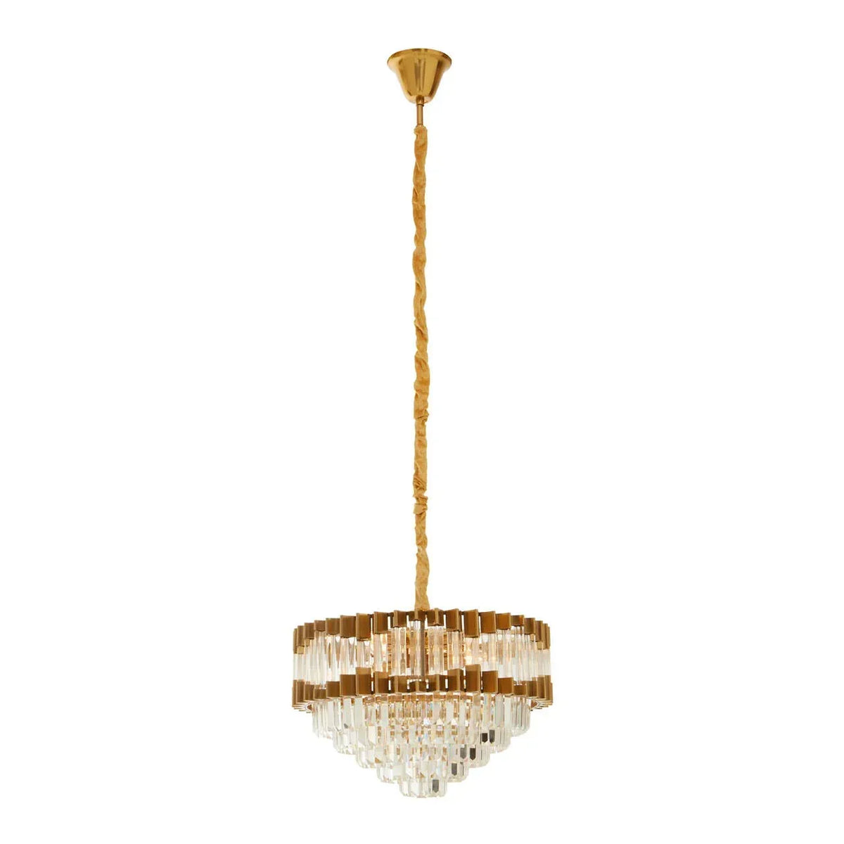 Gold and crystal chandelier pendant light with tiered glass drops and fabric-wrapped chain
