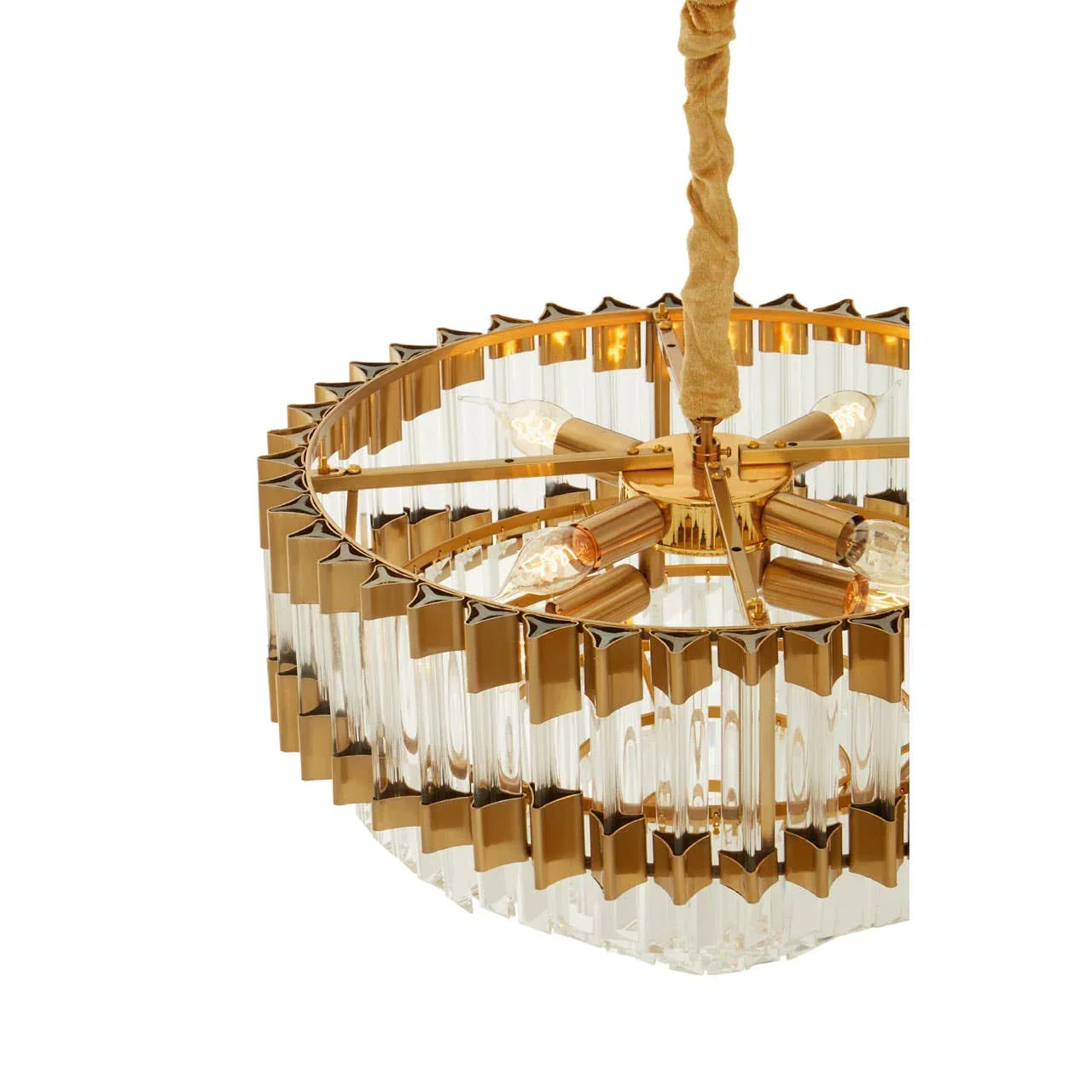 Gold and glass chandelier with geometric frame and exposed bulbs, hanging from ceiling