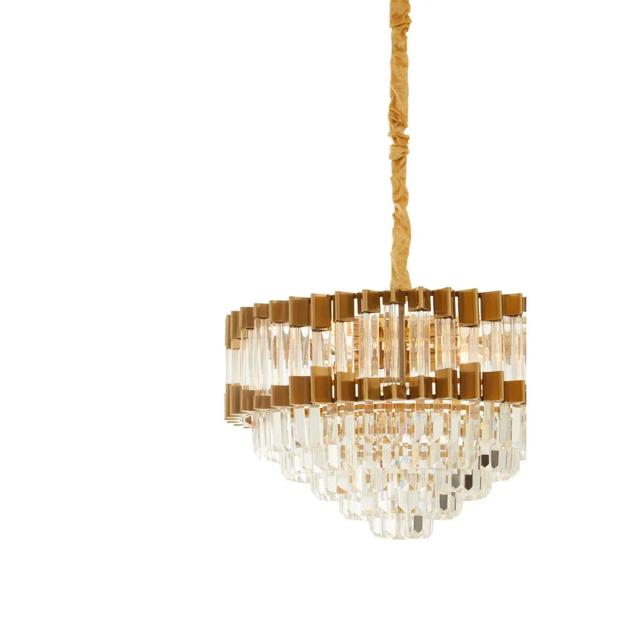 Gold and clear crystal chandelier with tiered glass design, shown against white background