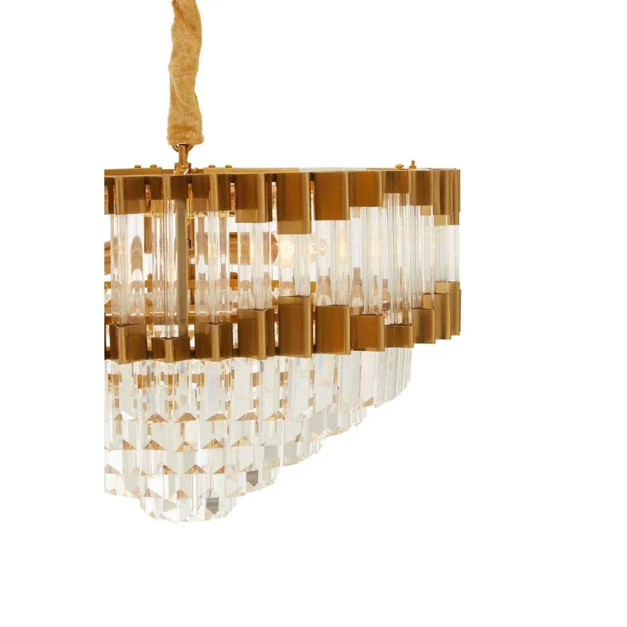 Gold and glass chandelier with tiered crystal prisms and fabric wrapped hanging chain