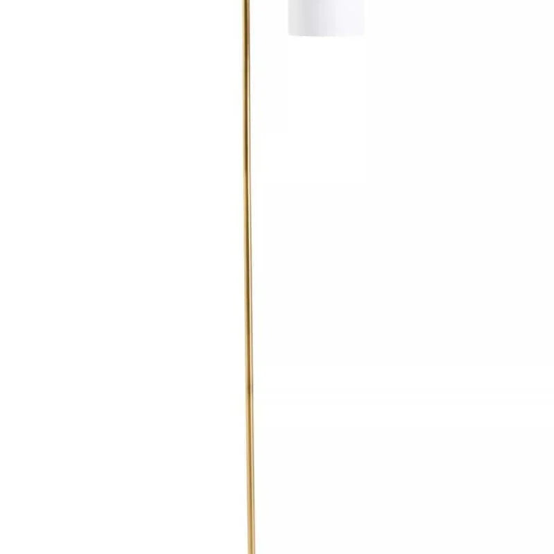 Brass floor lamp with white cylindrical shade and round marble base