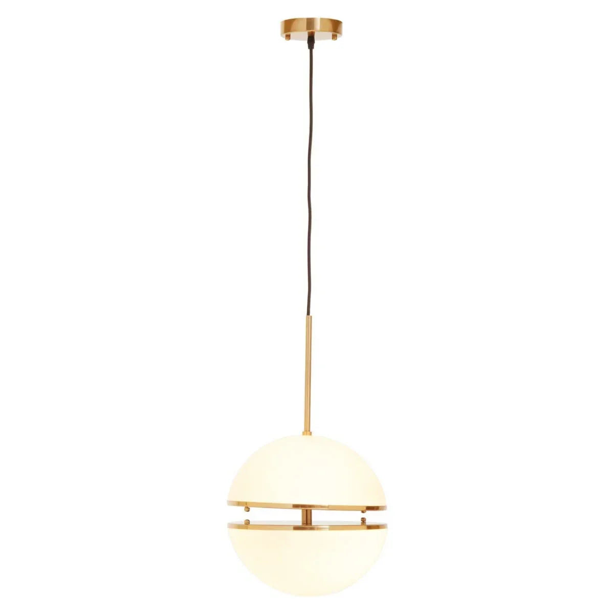 Modern pendant light with brass accents and frosted globe shade hanging from ceiling