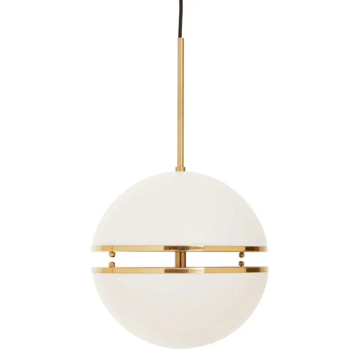 Modern pendant light with white globe shade and gold metal banding, suspended from ceiling
