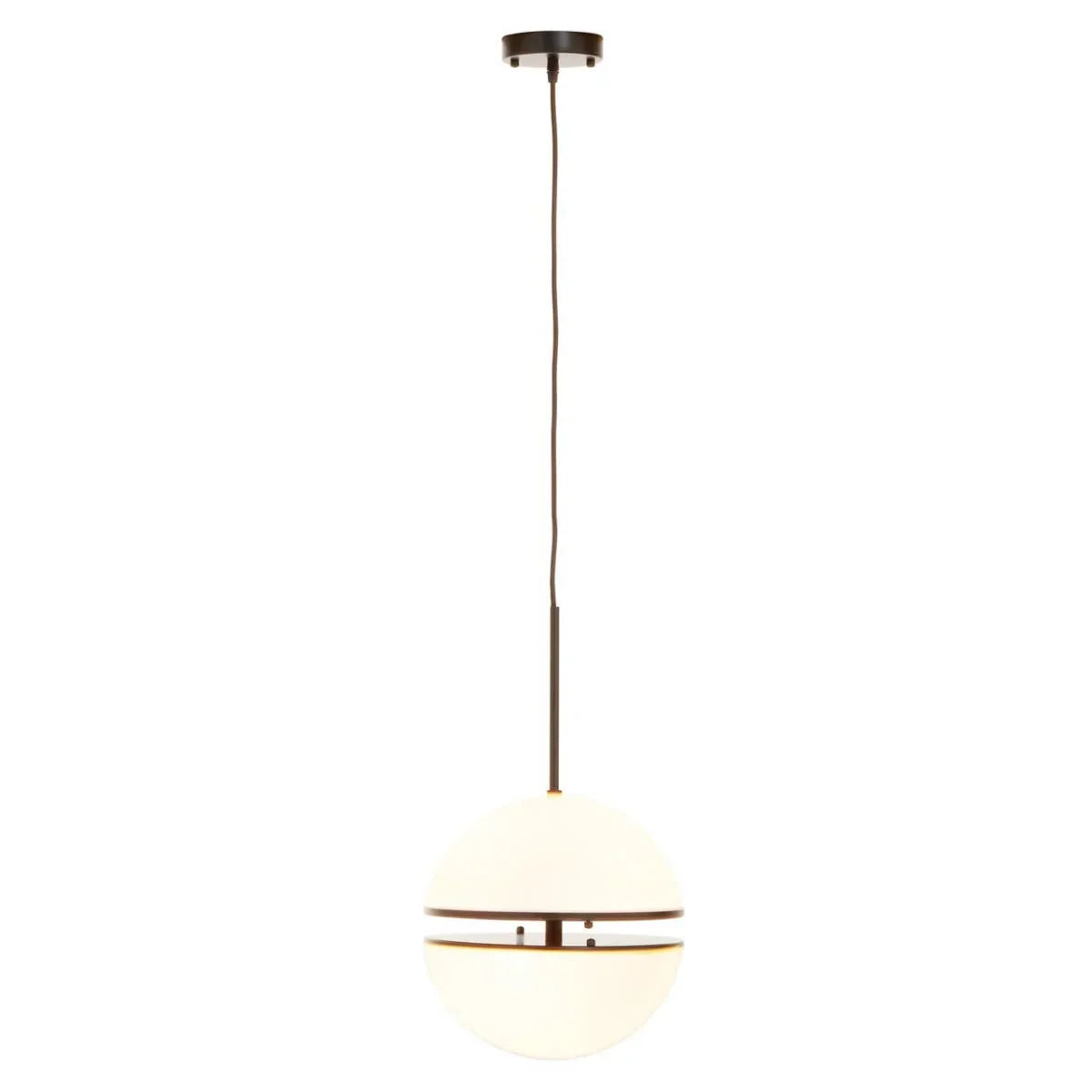 Modern globe pendant light with frosted glass shade and black metal accent hanging from ceiling