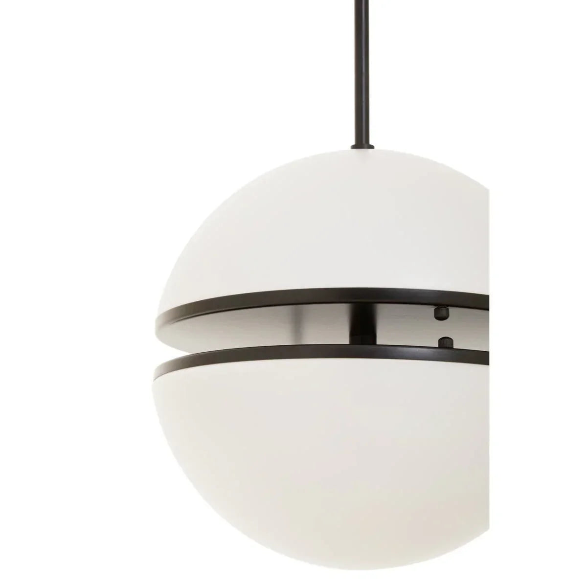 Modern globe ceiling light with black metal accents and white glass shade