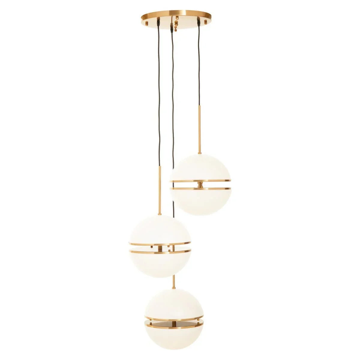 Three globe pendant ceiling light with gold fittings and black cords hanging vertically