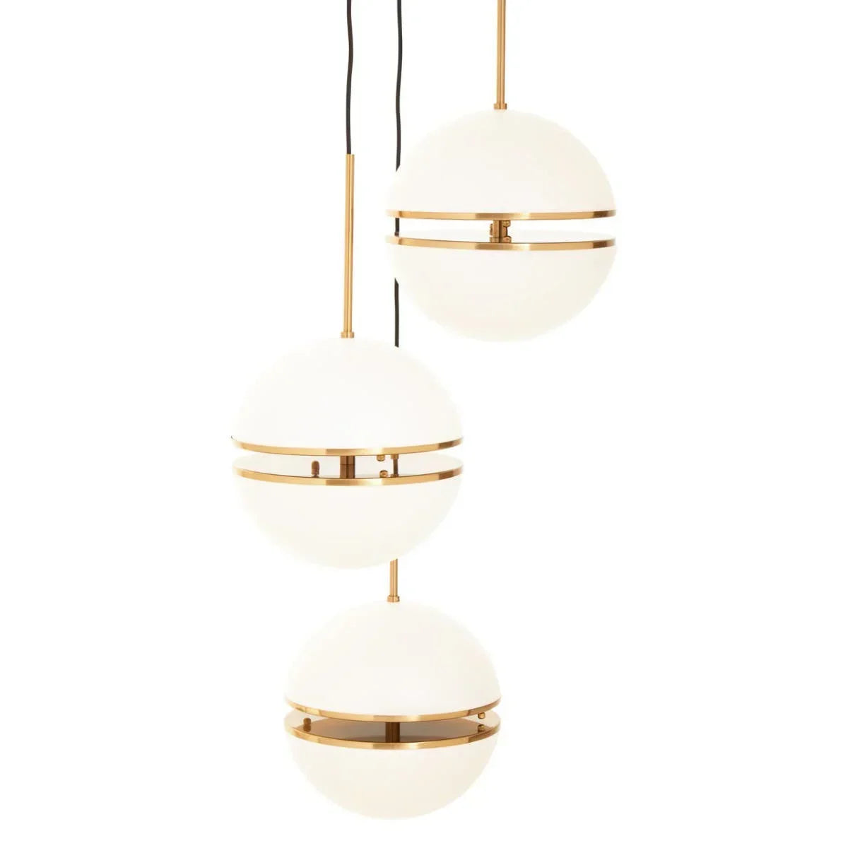 Triple globe pendant light with gold trim and white glass shades, modern interior lighting