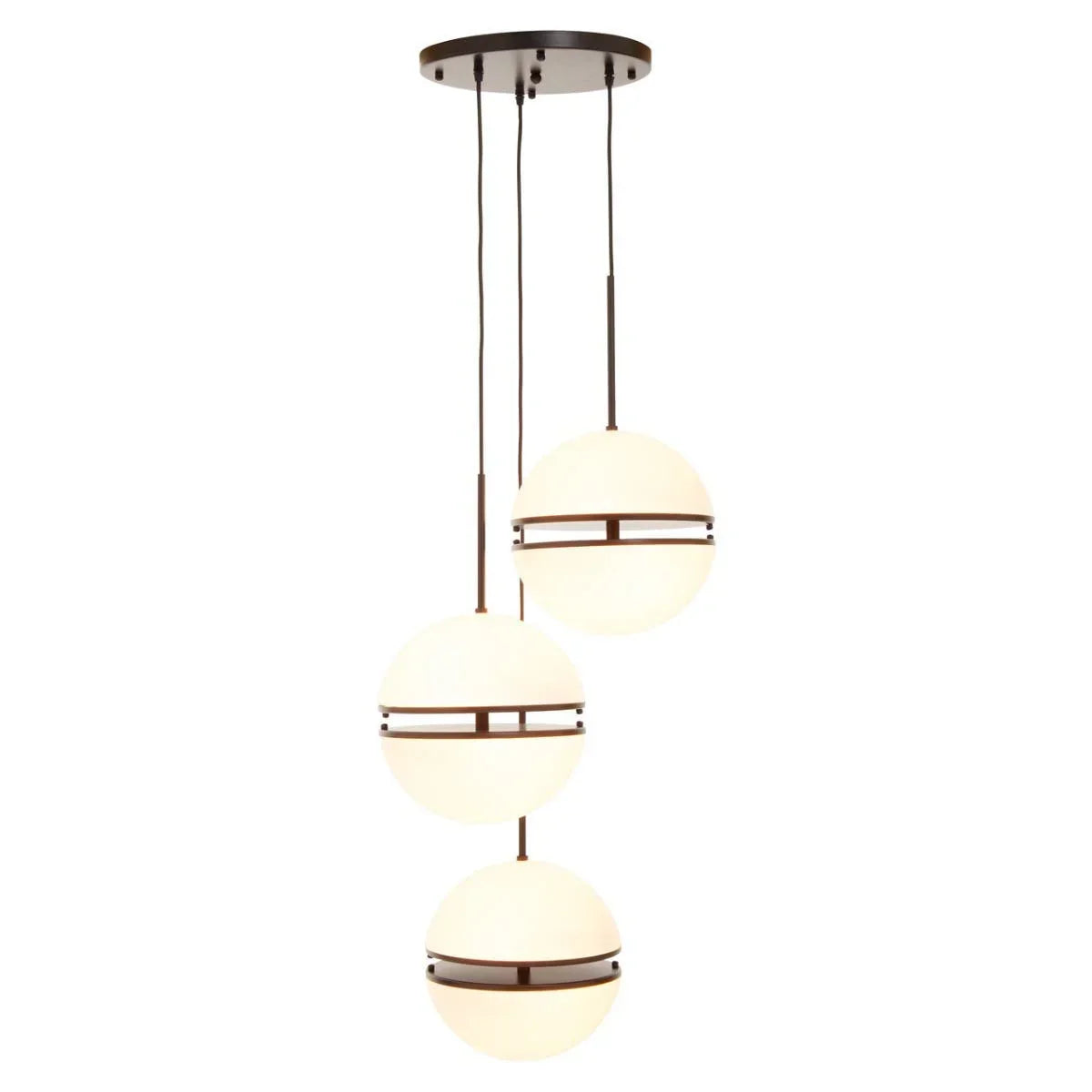 Three globe pendant lights with black metal bands and ceiling mount